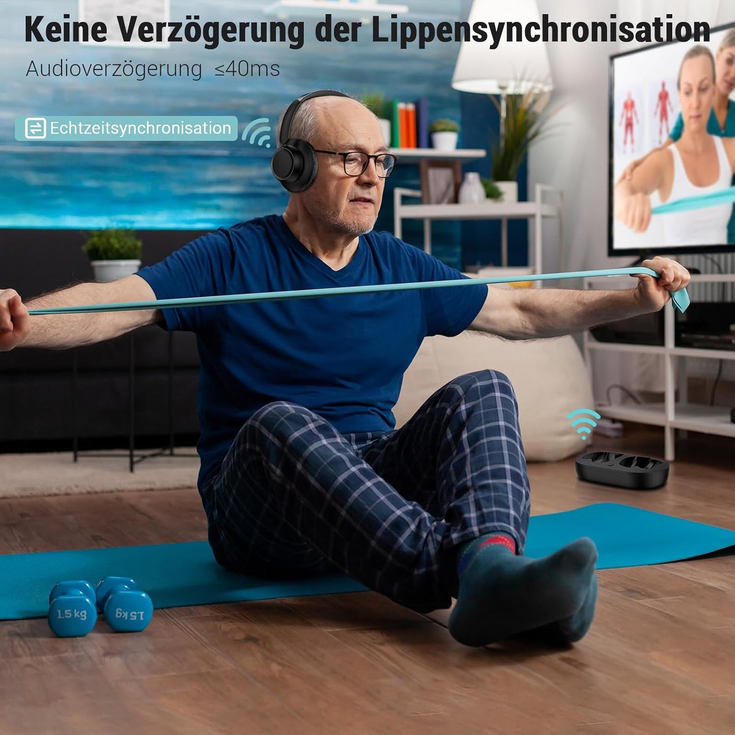 Kabellose TV-Kopfhörer mit Sender-Ladestation, Reines Schwarz