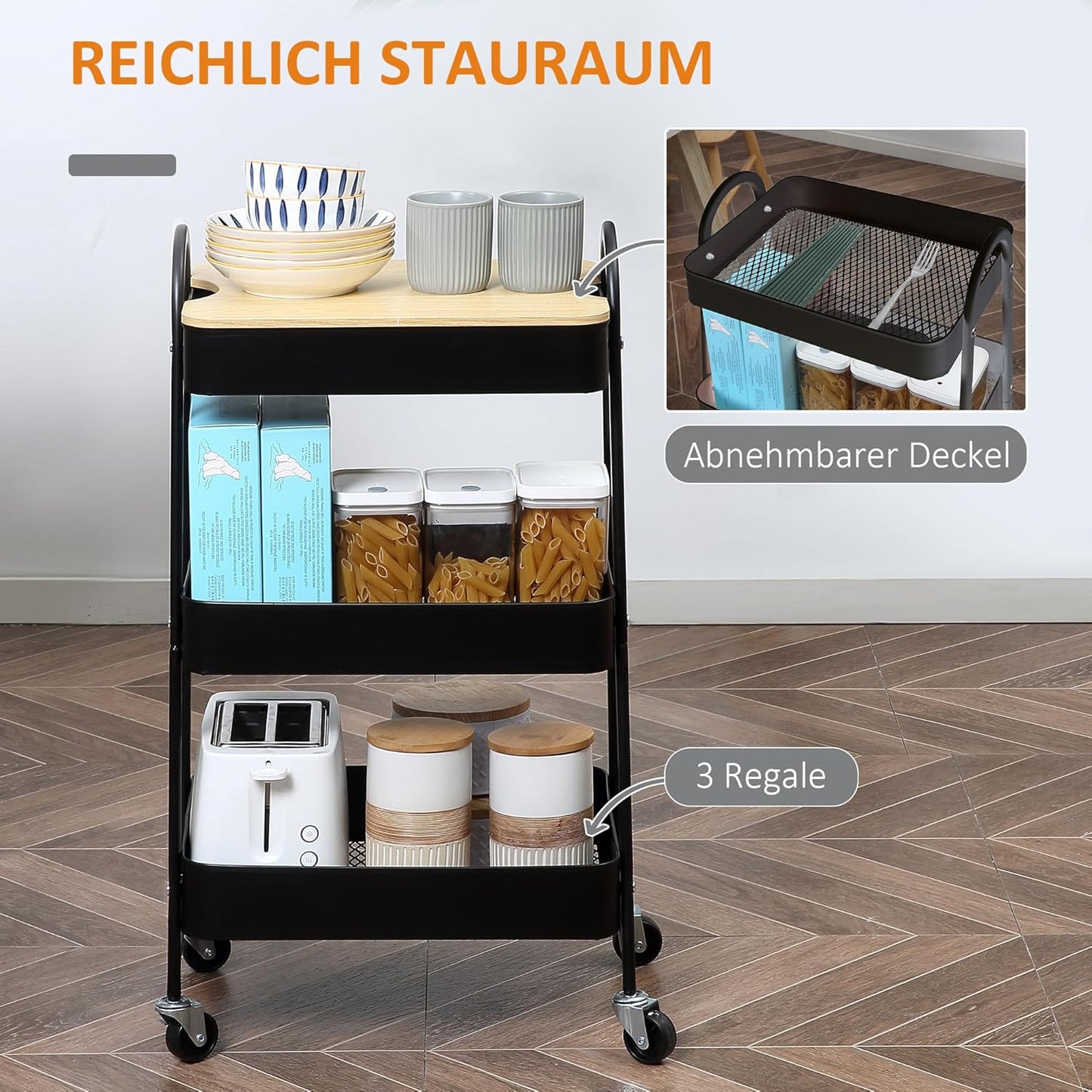 Servierwagen mit 3 Ebenen, Schwarz