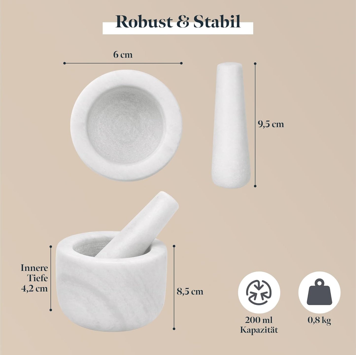 Mörser mit Stössel aus Marmor, 8,5 cm, marbre blanc neige