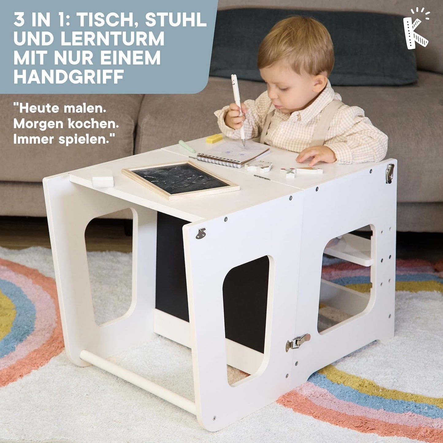 Lernturm & Tisch 2-in-1 klappbar, höhenverstellbar, Weiss