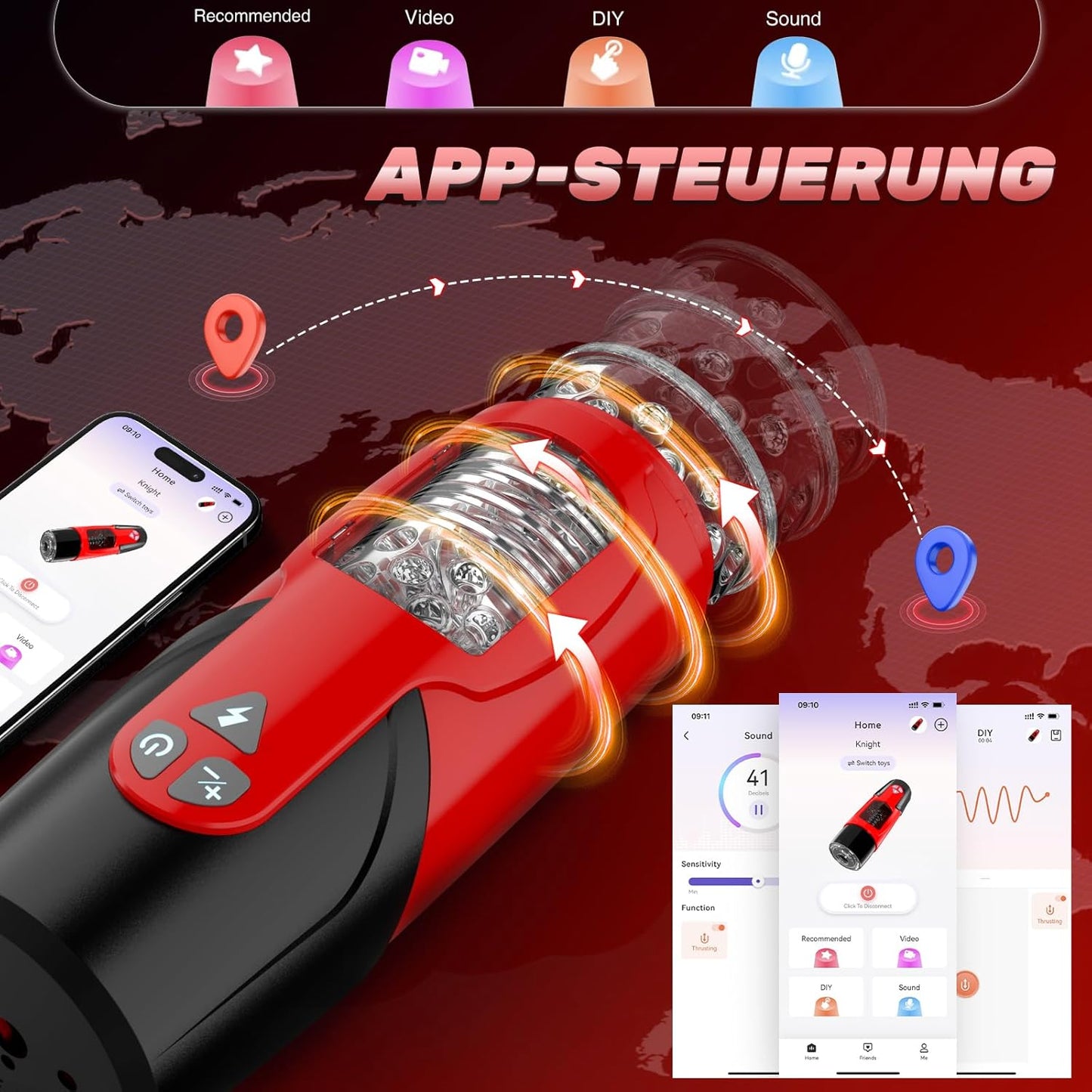 Elektrischer Masturbator mit 7 Modi & App-Steuerung, Rot/Schwarz