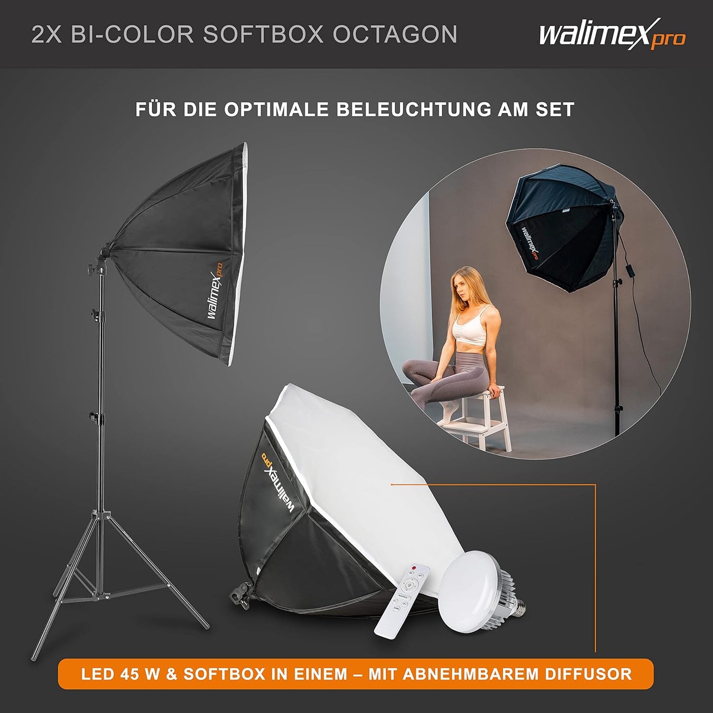 Fotostudio-Set mit LED-Lampen & Hintergrundsystem, Octaboxen Weiss