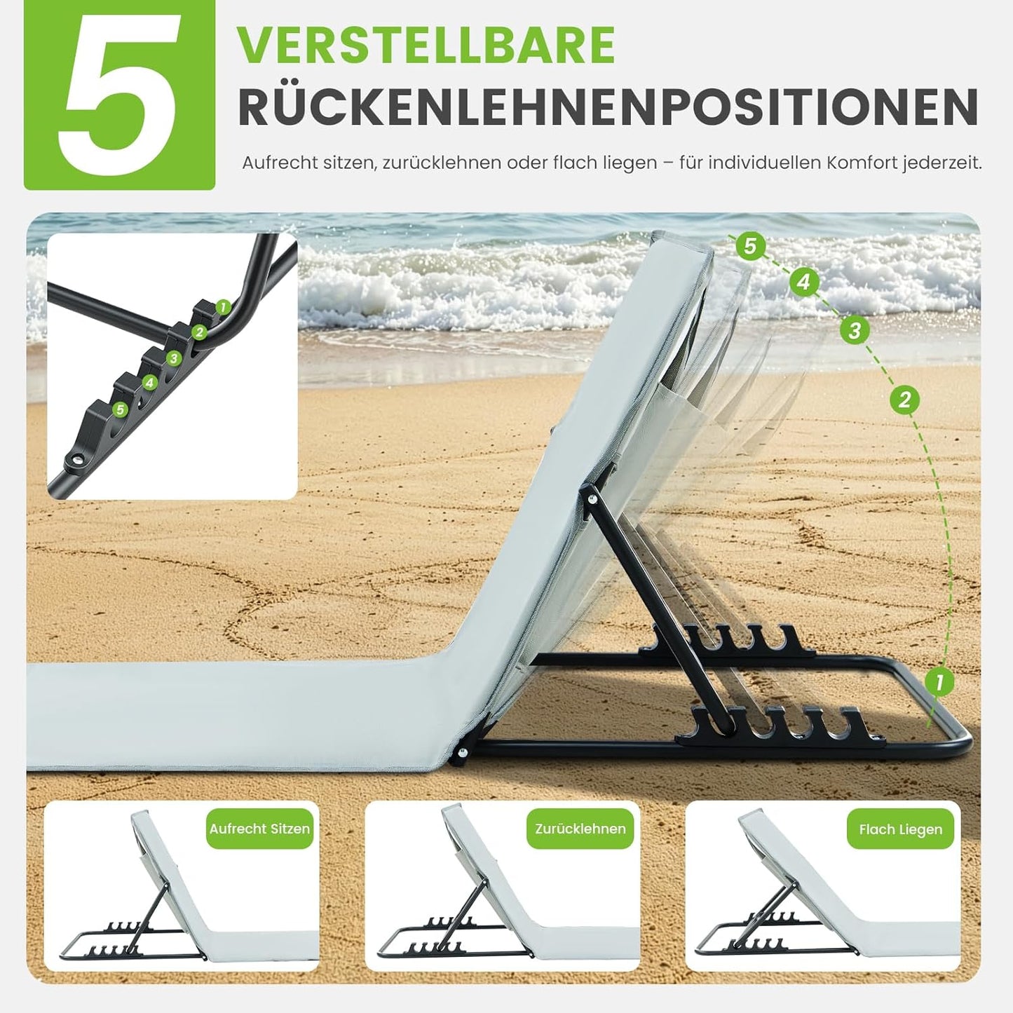 Verstellbare Sonnenliege, 2 Stück, Hellgrau