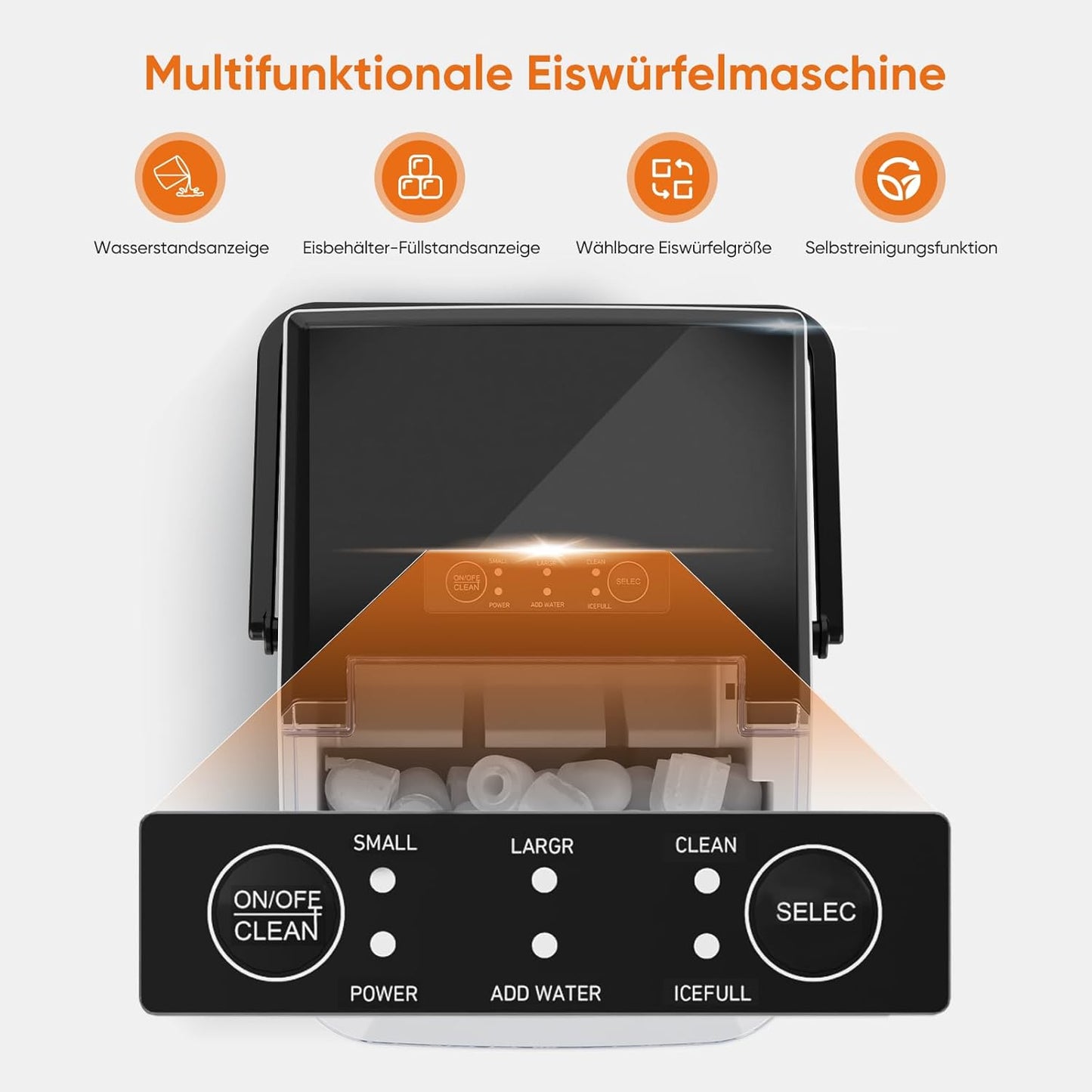 Eiswürfelmaschine mit Tragegriff, selbstreinigend, Schwarz