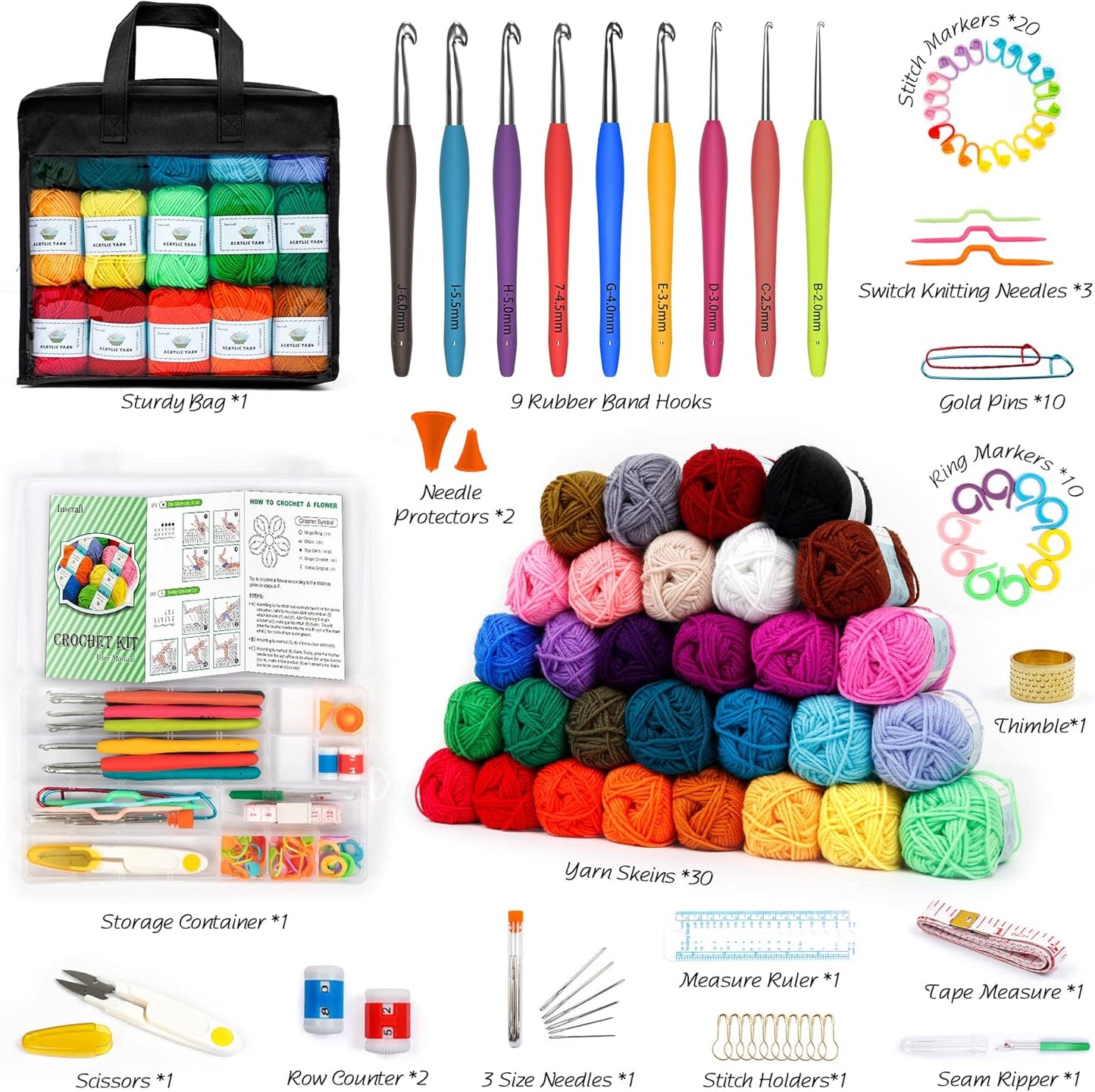 Häkelwolle-Set mit Zubehör, 20 Farben-2180yd