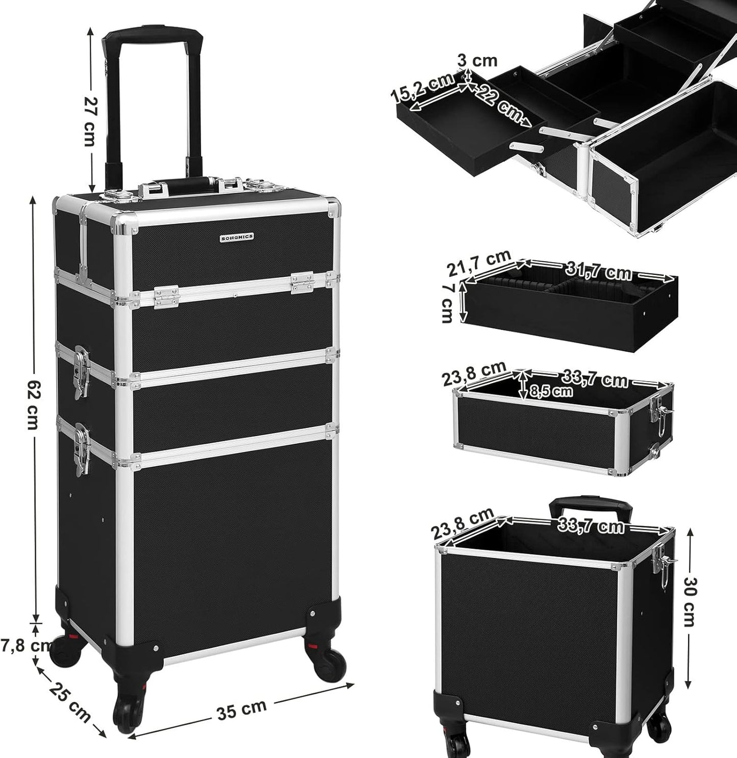 Schminkkoffer mit Trolley, Schwarz 35 x 25 x 69,8 cm