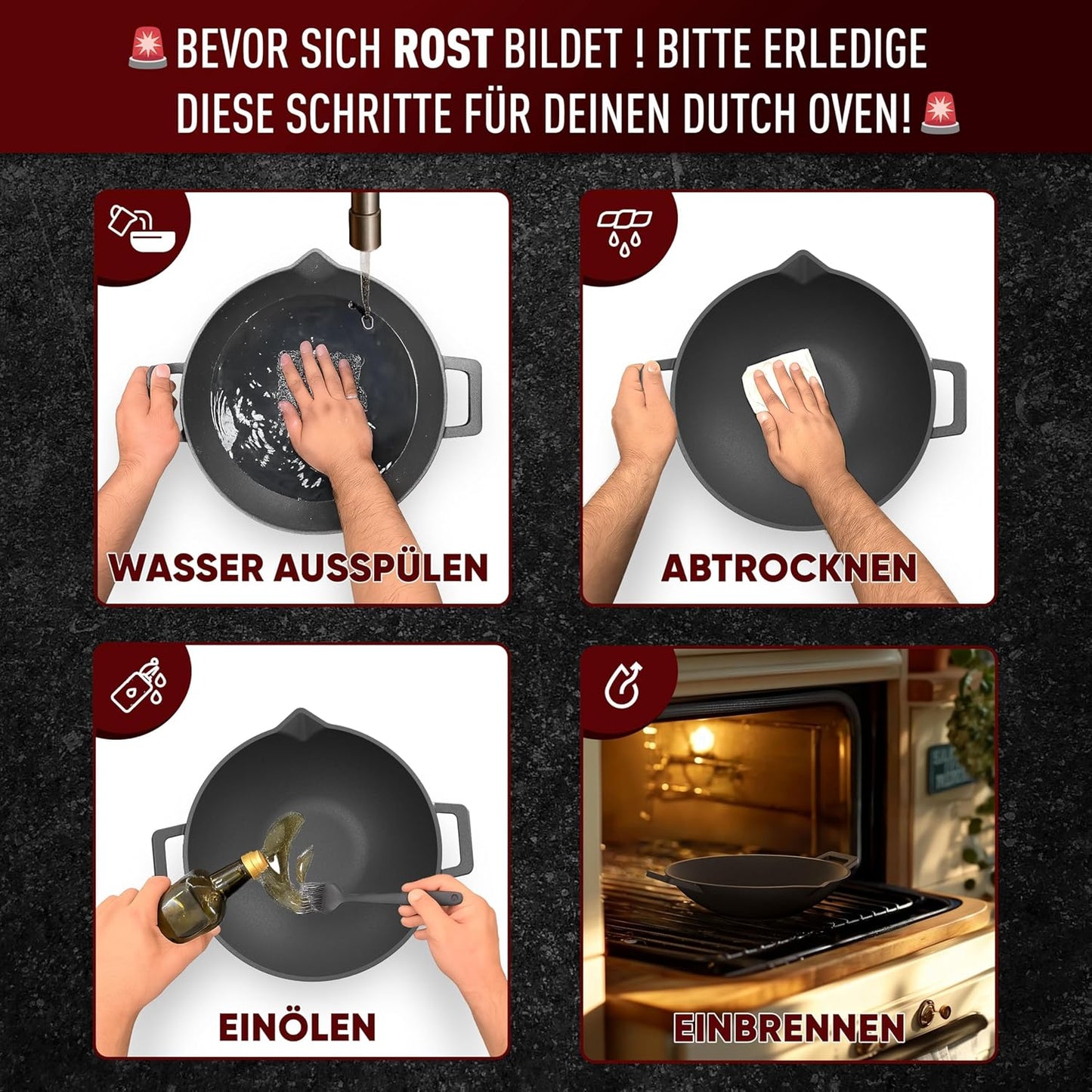 Gusseisen Wok Pfanne, 35 cm, mit Grillhandschuhen, Wok Pfanne mit Pflegepaste 35cm