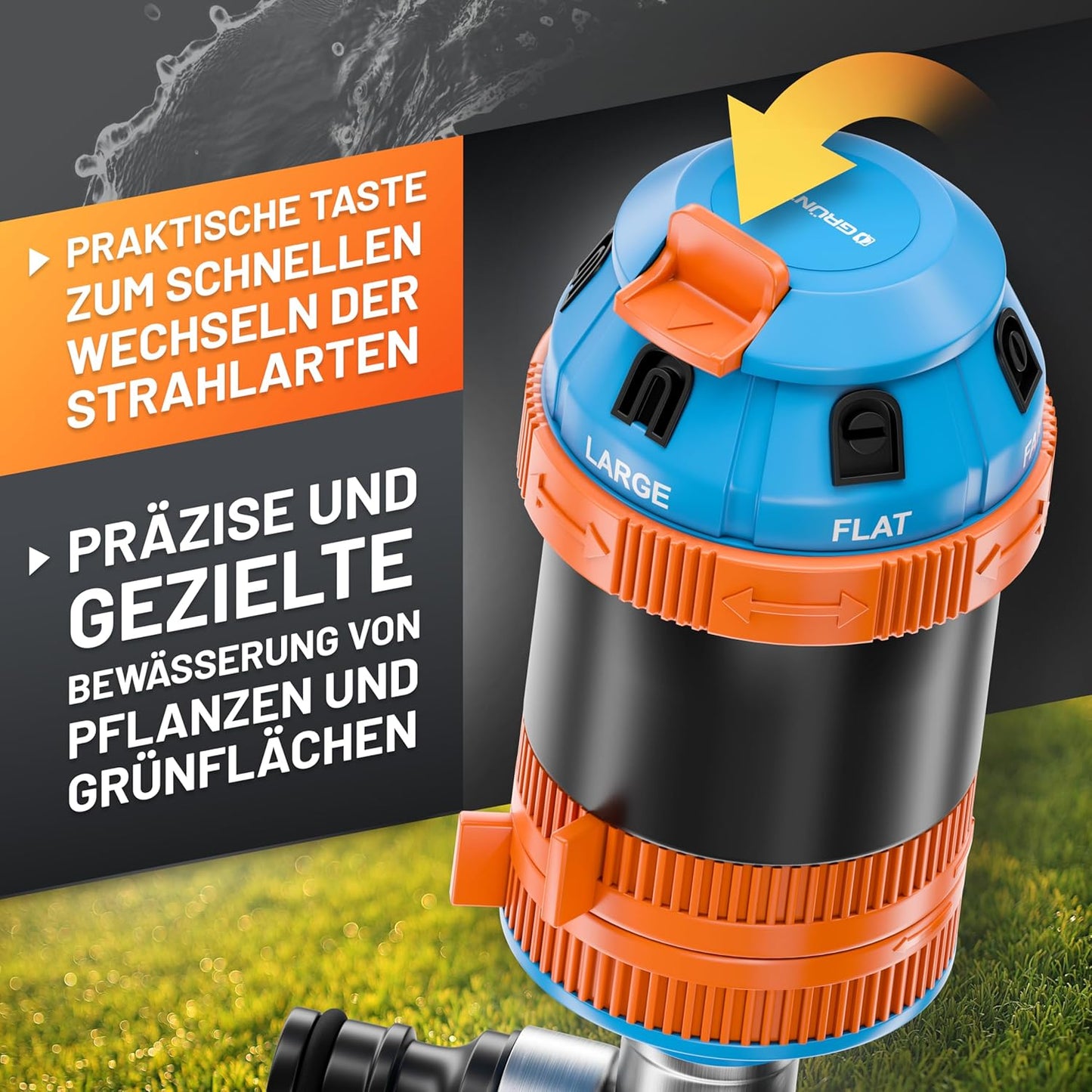 Multifunktions-Kreisregner mit mit Sektoreinstellung, 6 Strahlarten, bis 491 m²