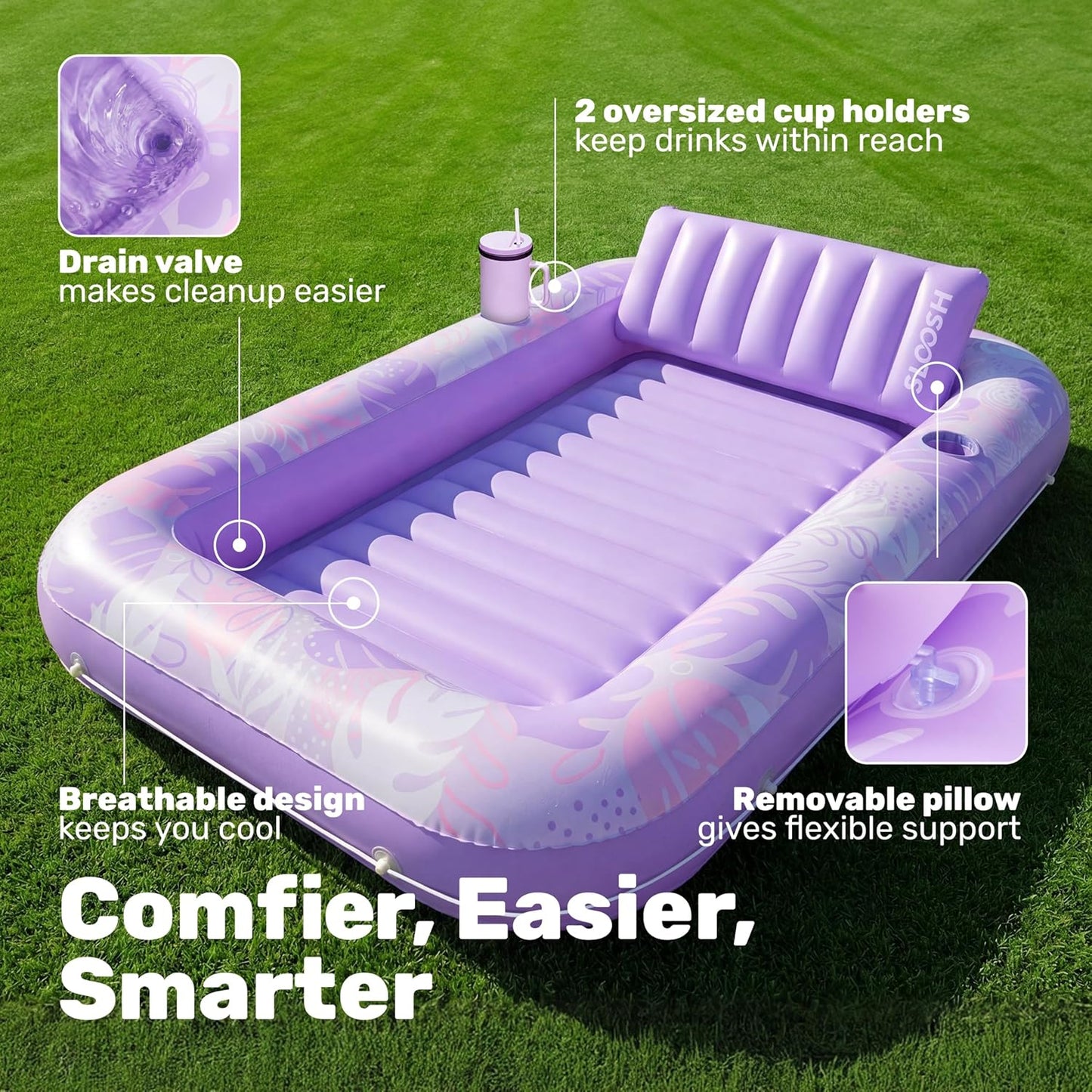 Aufblasbarer 4-in-1 Sonnenliegepool mit Kissen und Getränkehalter, Lila Tropen XL