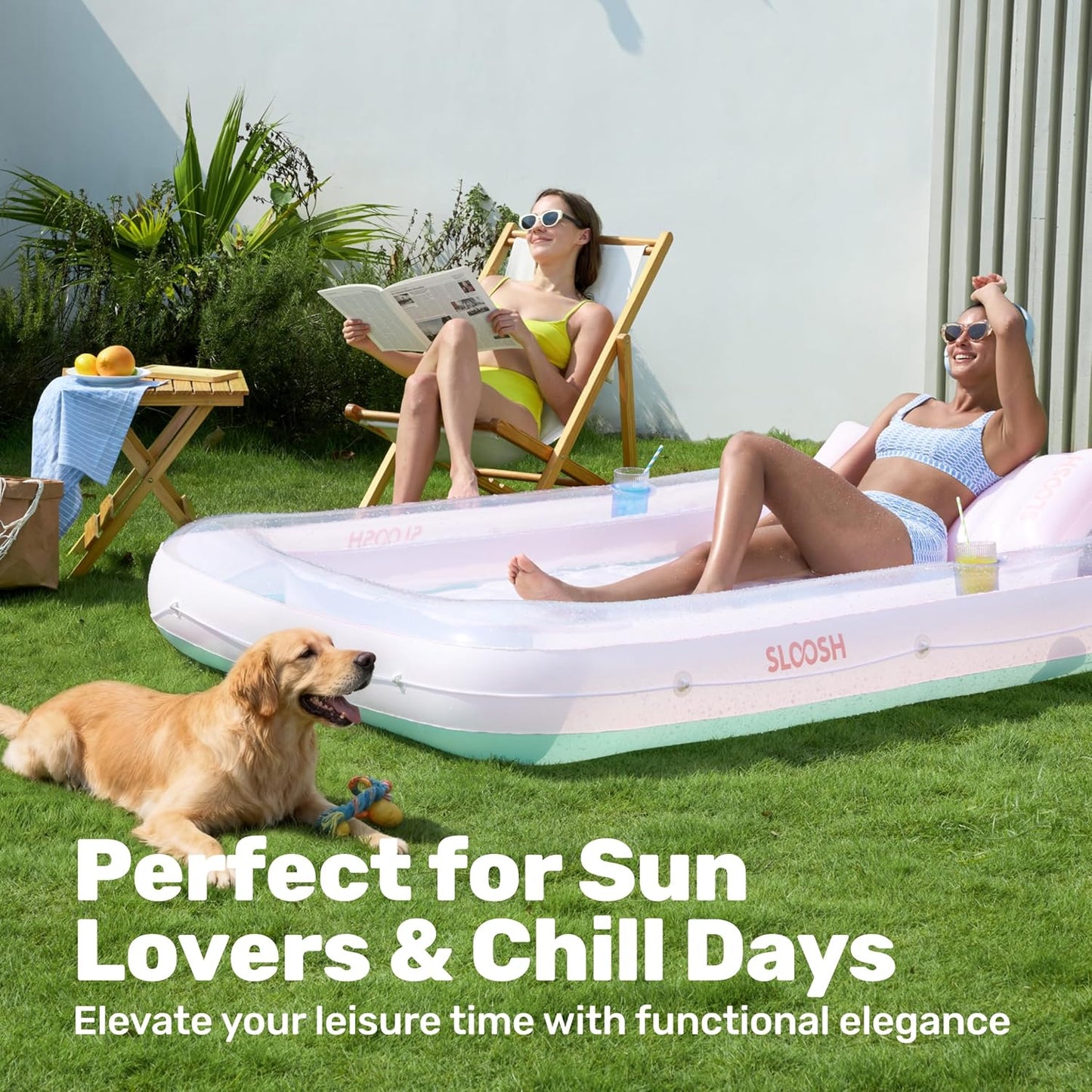 Aufblasbarer Sonnenpool mit abnehmbarem Kissen und Getränkehalter, Cyan-Rosa XL
