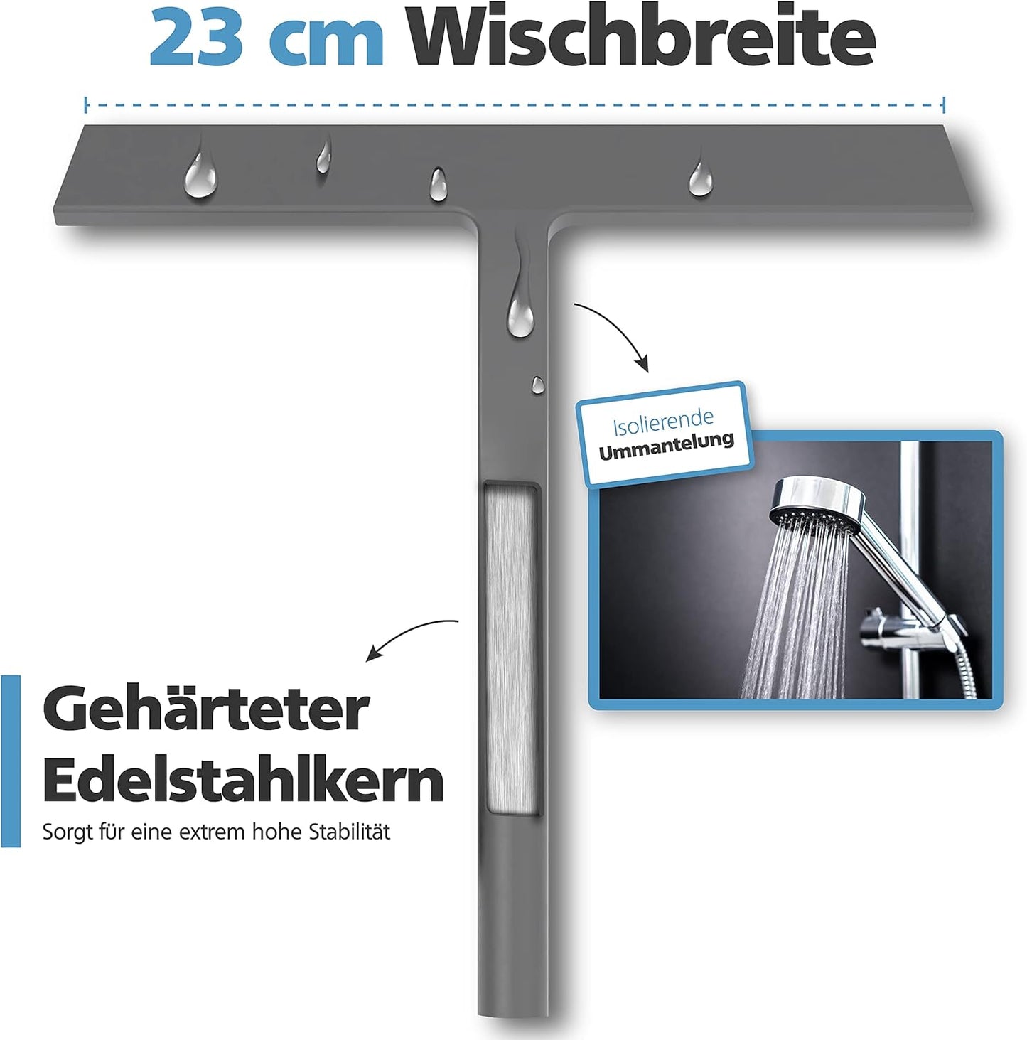 Duschabzieher mit Edelstahlkern, 23 cm Wischbreite, Grau