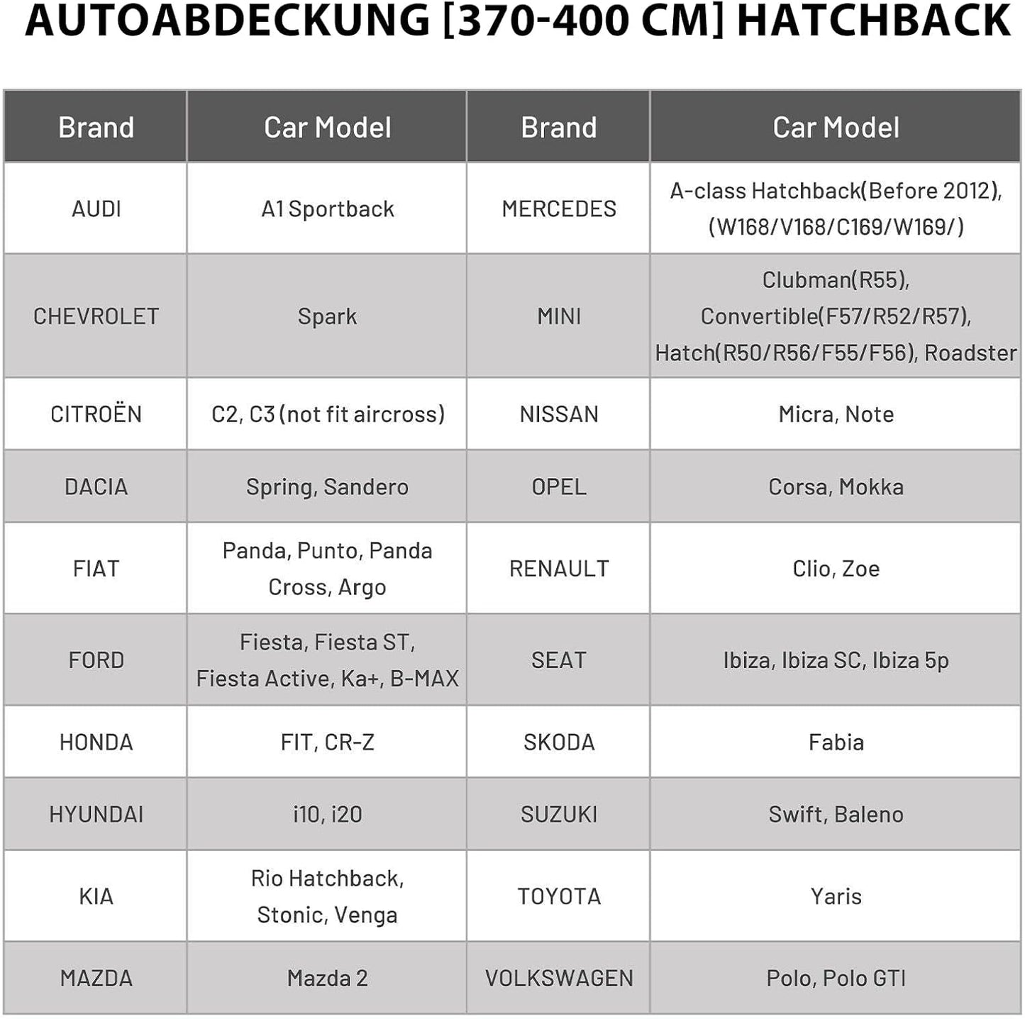 Autoabdeckung, Schwarz 370cm-400cm Schrägheck