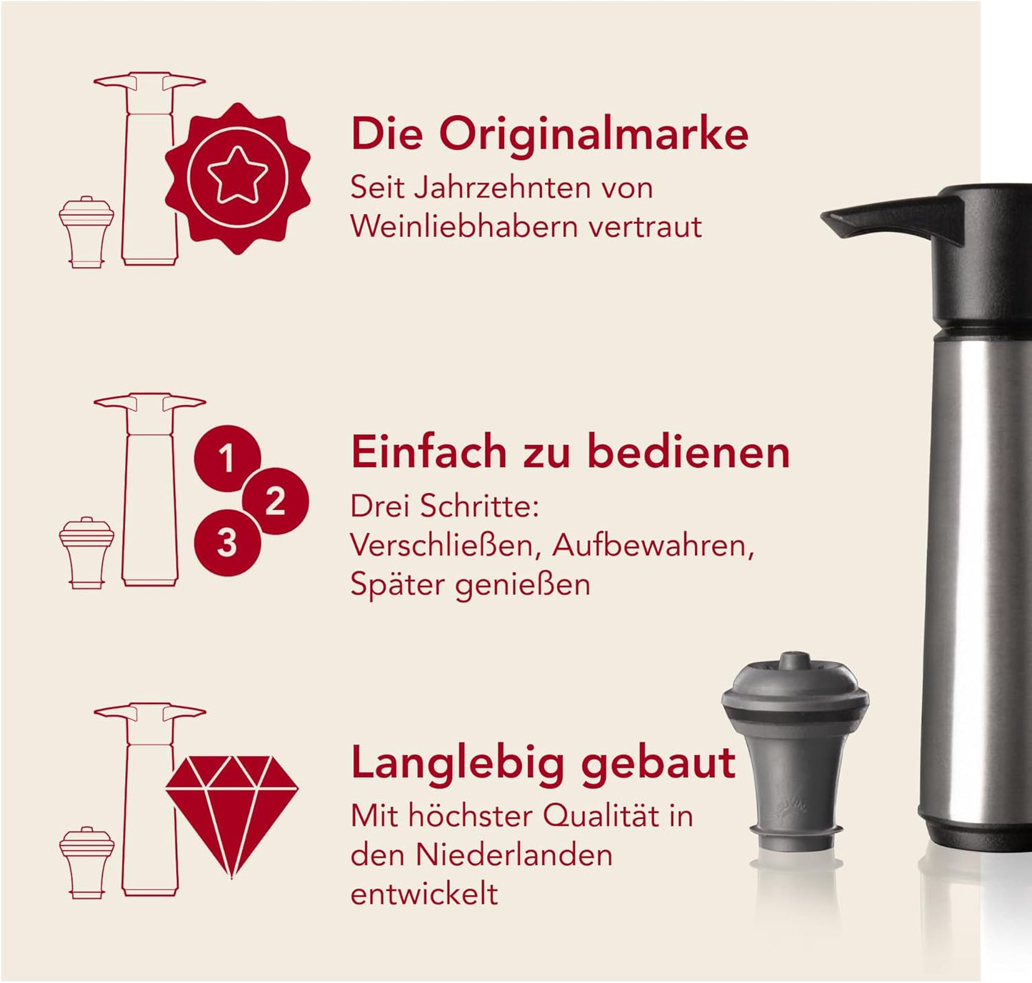 Weinpumpe mit Vakuumstopfen, 2 Stopfen