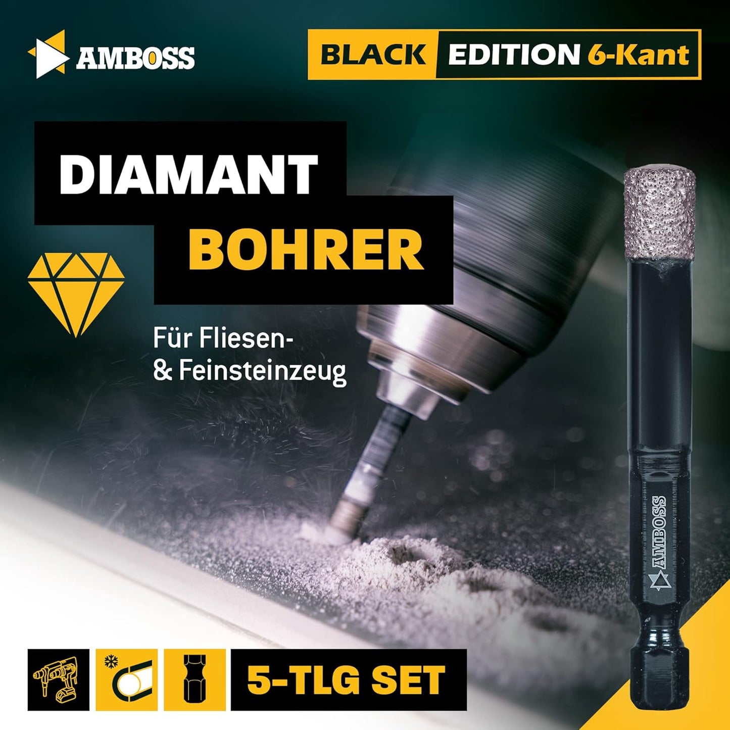 5-teiliges Fliesenbohrerset  -  Black Edition, Set Ø 5-12 mm (5tlg.) / für Akkuschrauber, Bohrmaschine