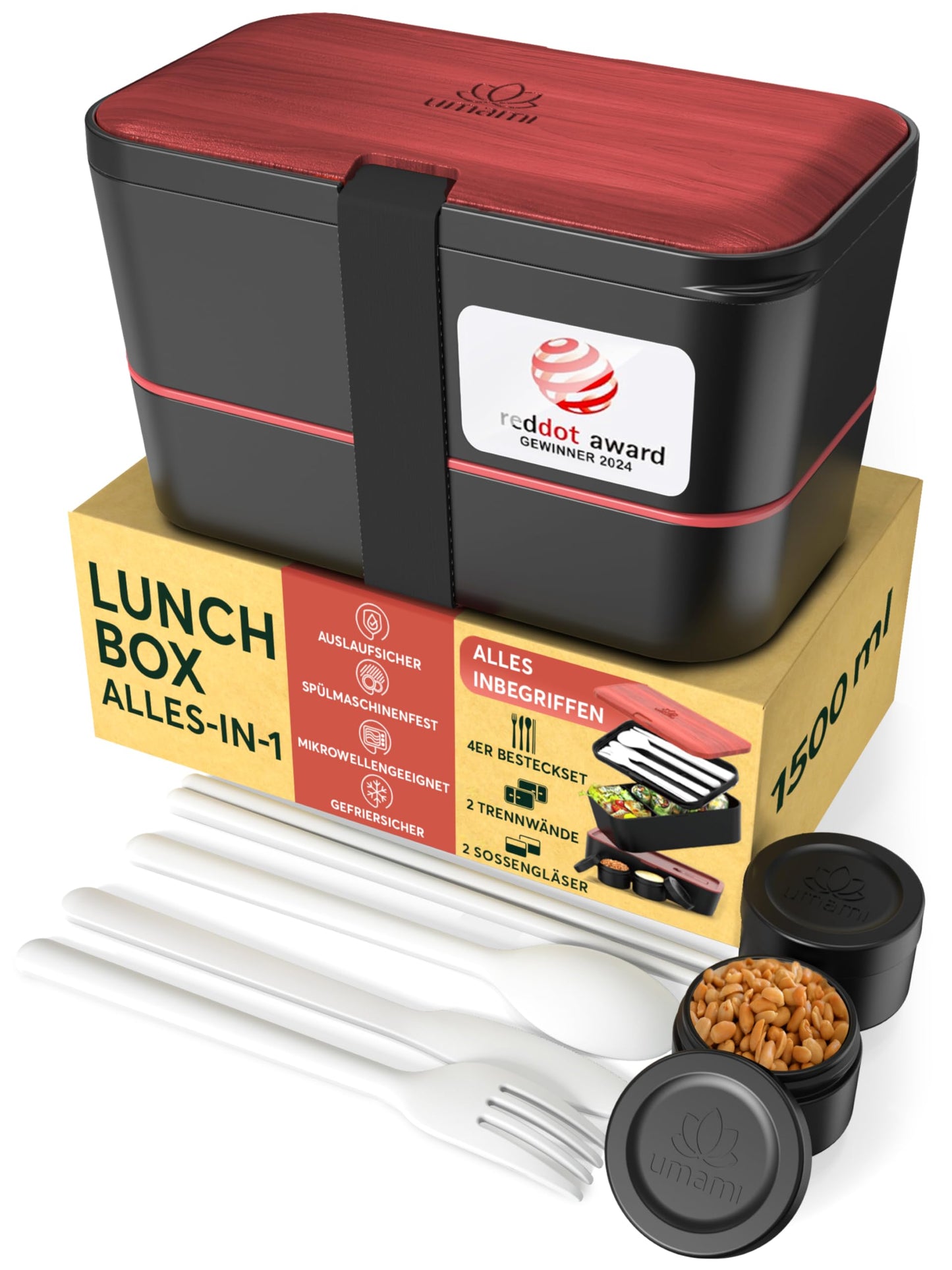 Auslaufsichere Bento Lunchbox mit Besteck & Fächern, Schwarzes Rosenholz L - 1500 ml