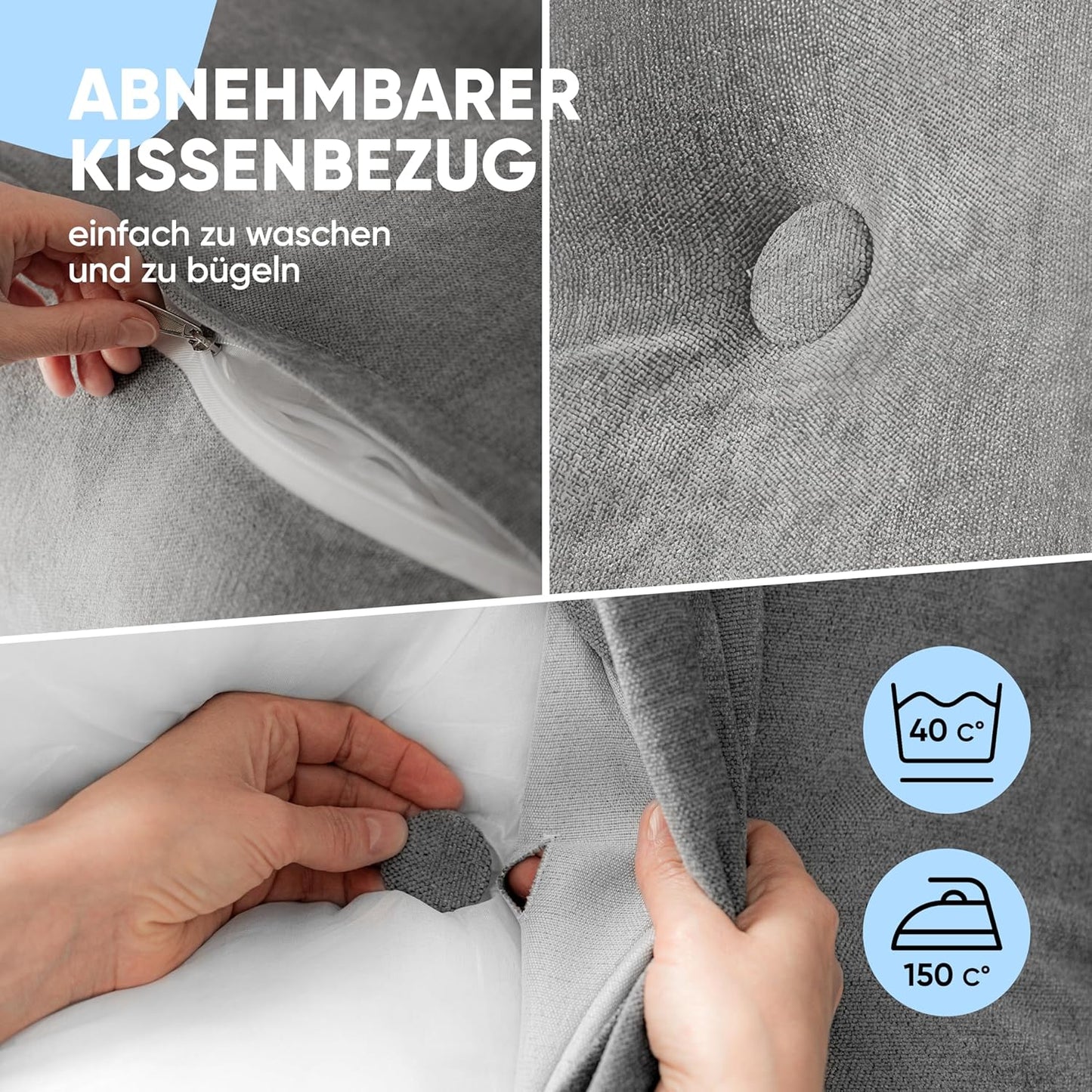 Lesekissen mit waschbarem Bezug, Grau 160 cm
