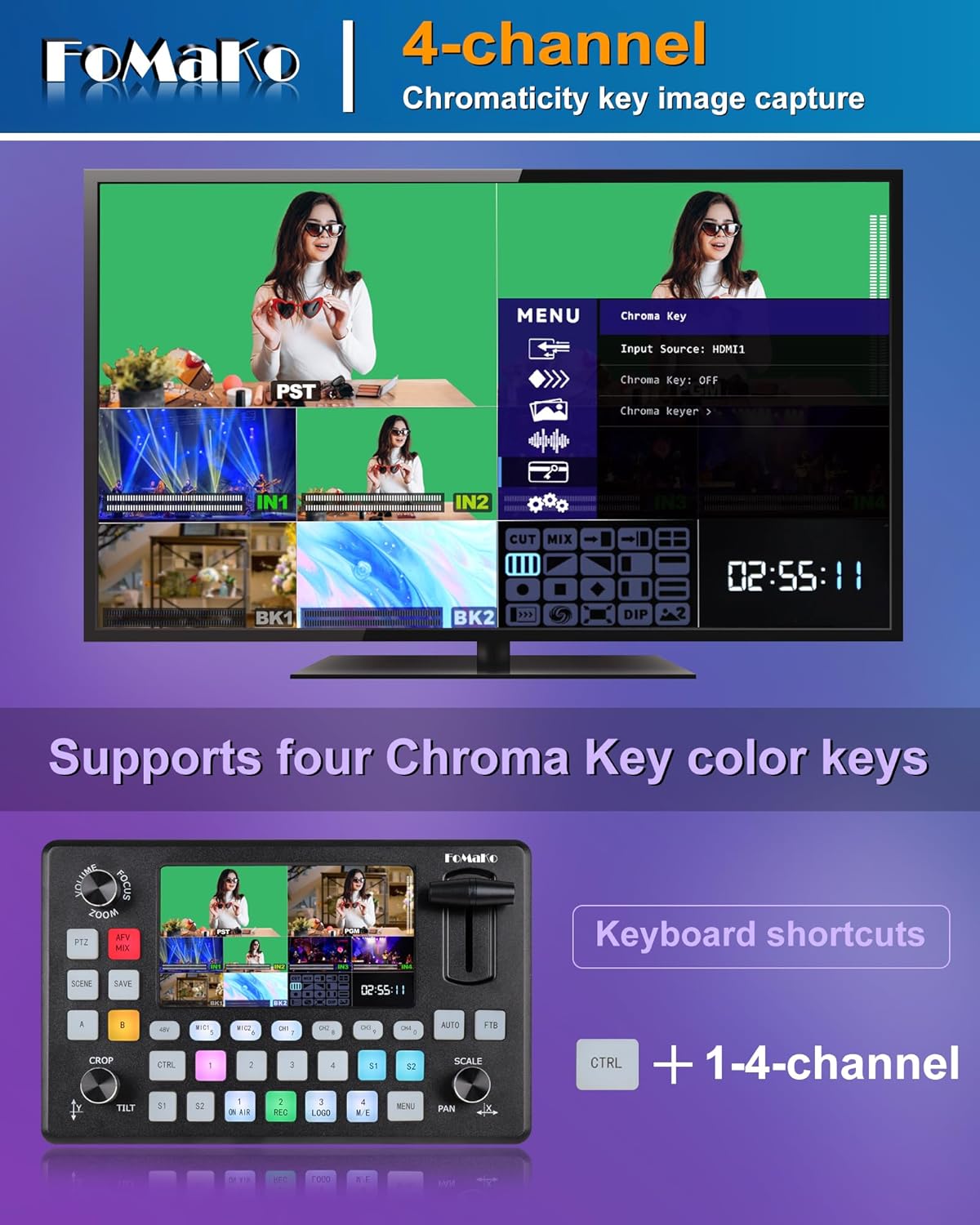 Video Mixer Switcher mit PTZ-Steuerung, 1080P 60FPS HDMI Video Switcher