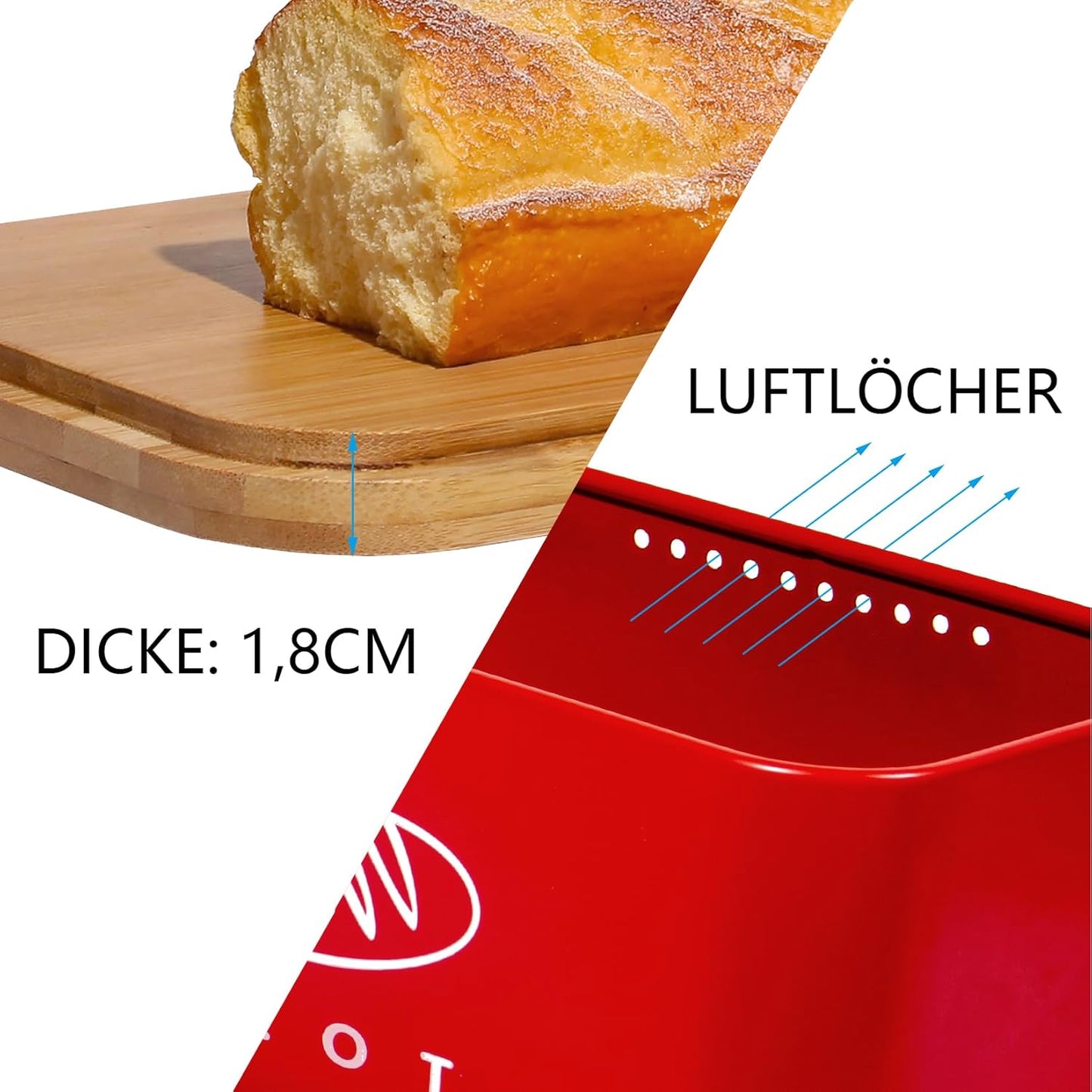 Retro Brotkasten mit Bambusdeckel und Schneidebrett-Funktion, Rot-30cm