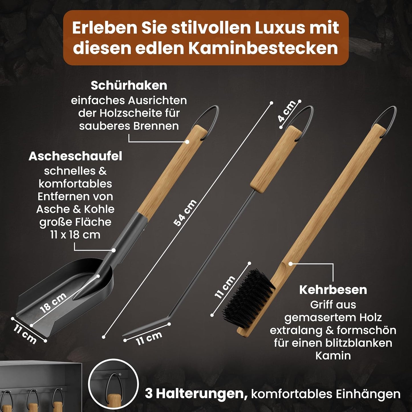 4-teiliges Kaminbesteck-Set Aspen mit Holzfach, Aspen 4-teilig Schwarz