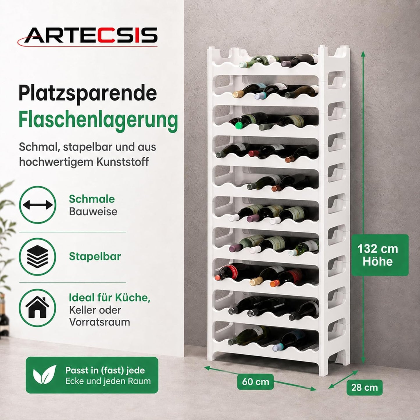 Stapelbares Weinregal, Weiss 60 Flaschen