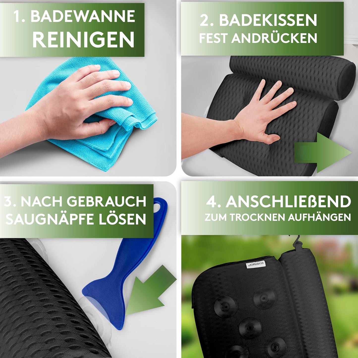 Badewannenkissen mit Saugnäpfen, ergonomisch, Schwarz 4d