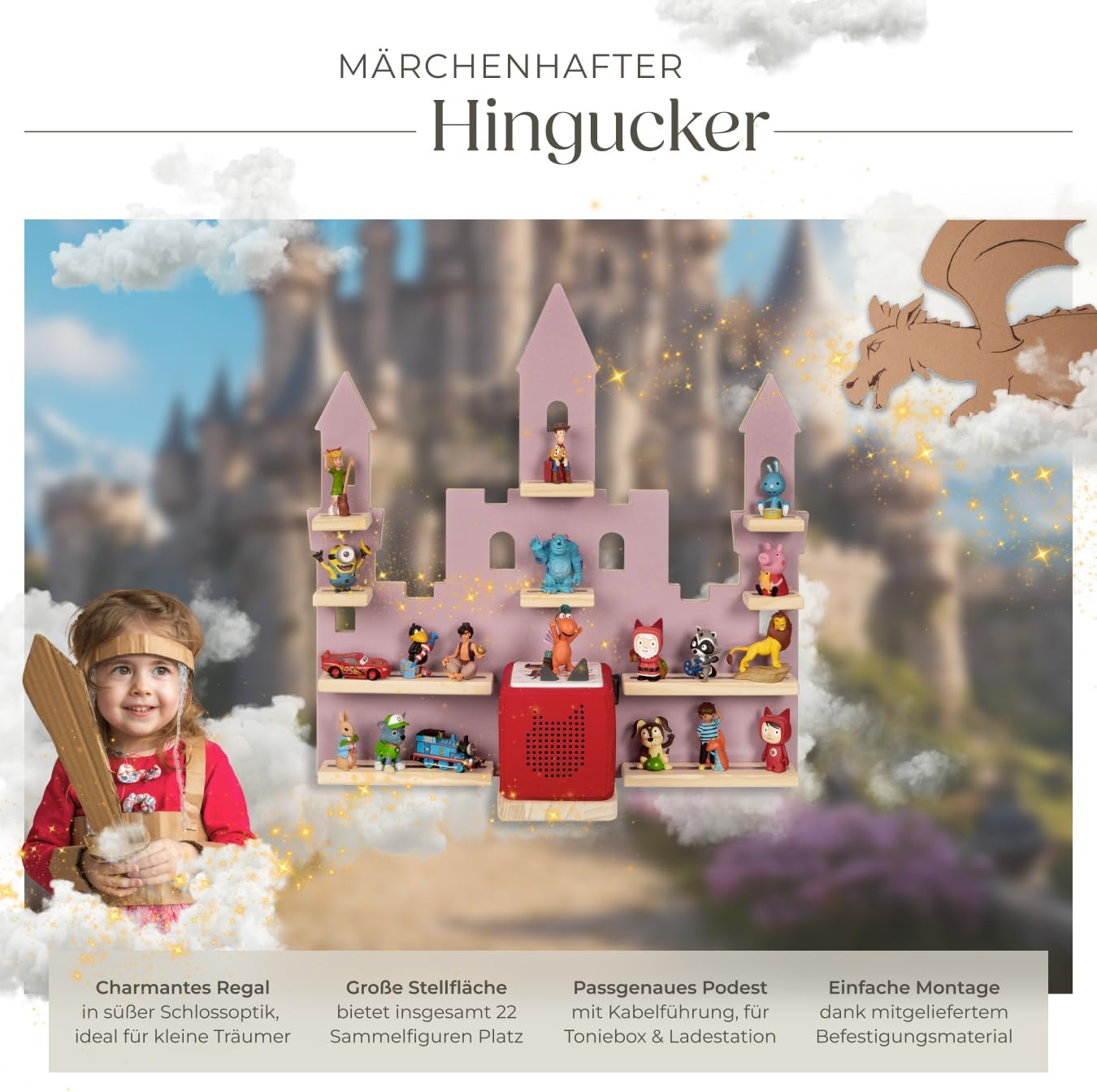 Holzregal für Toniefiguren, Märchenschloss Rosa