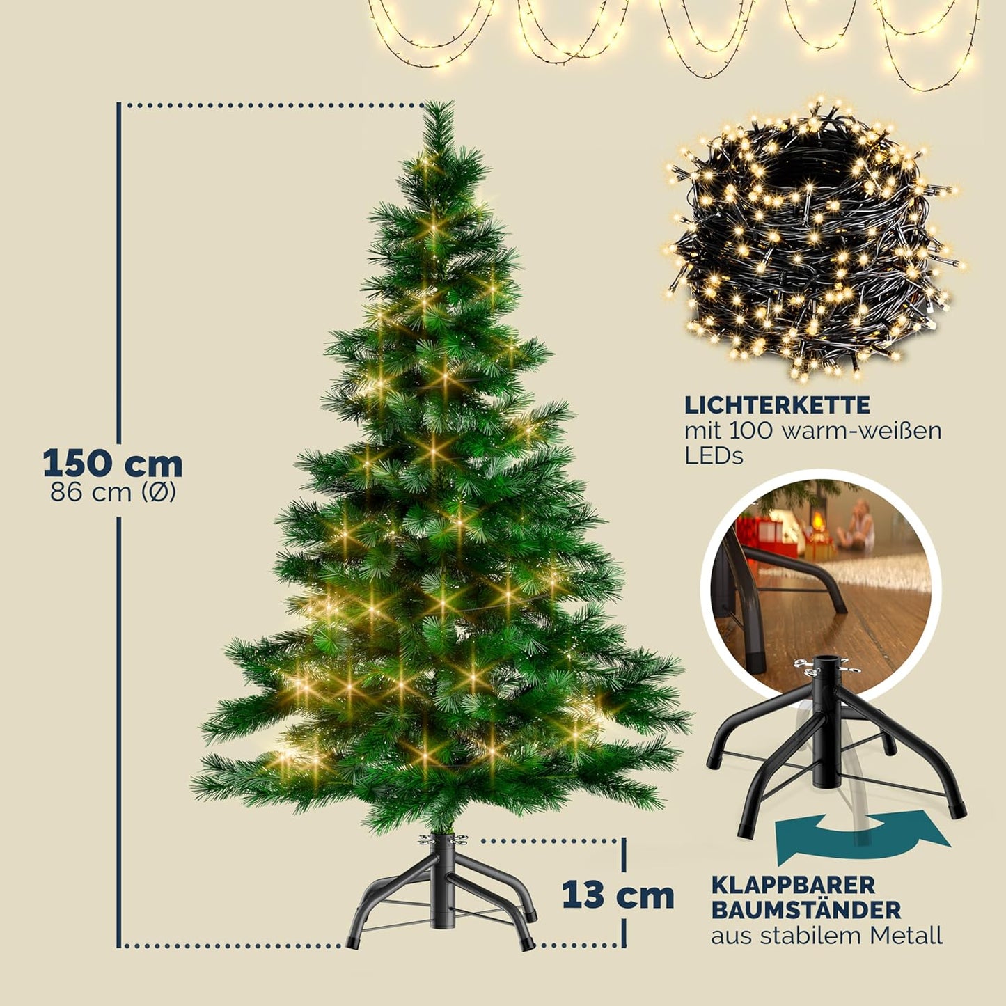 Künstlicher Weihnachtsbaum mit Lichterkette, 150cm mit Lichterkette