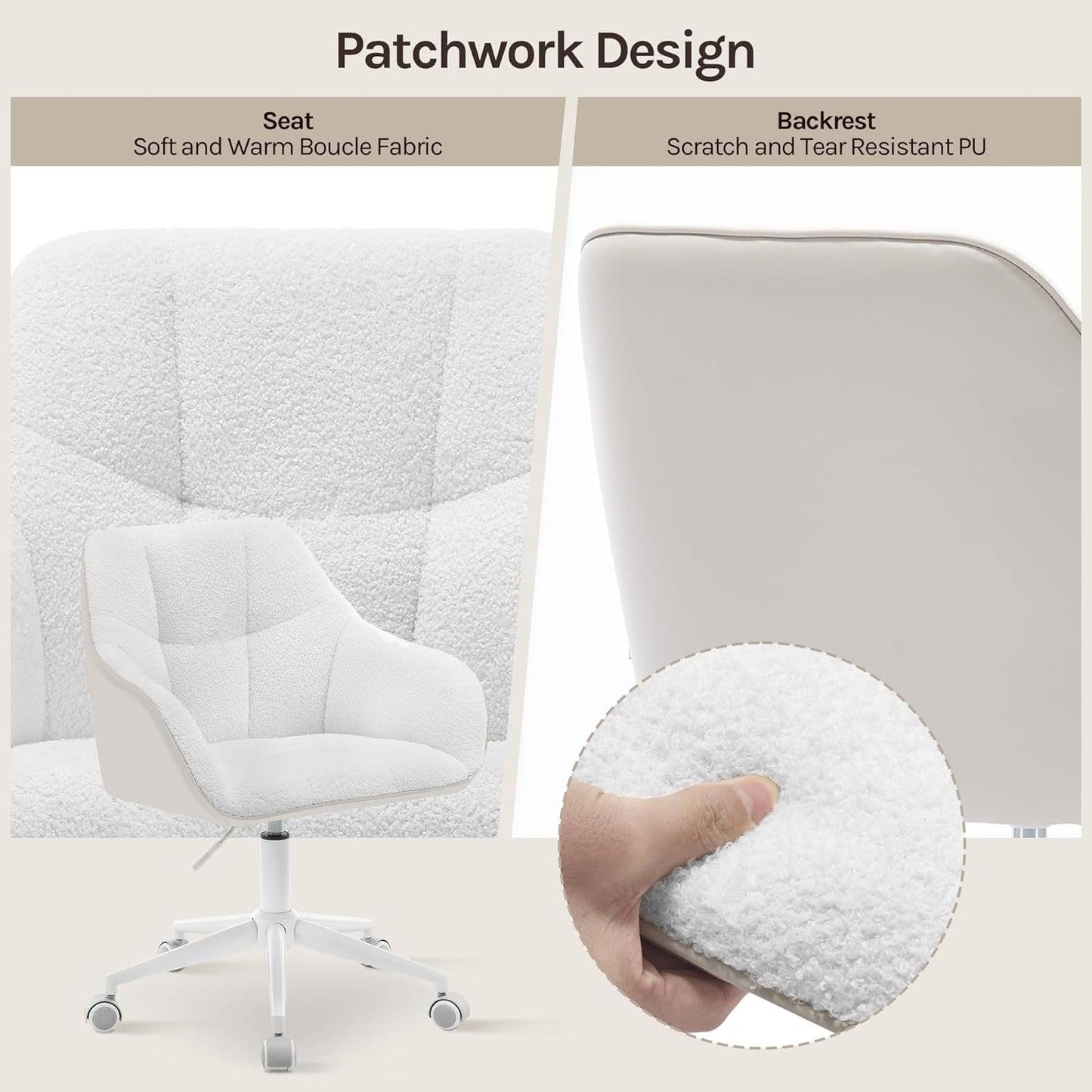 Höhenverstellbarer Homeoffice-Drehstuhl BS175grcm, Creme + Beige Bouclé Stoff + PU