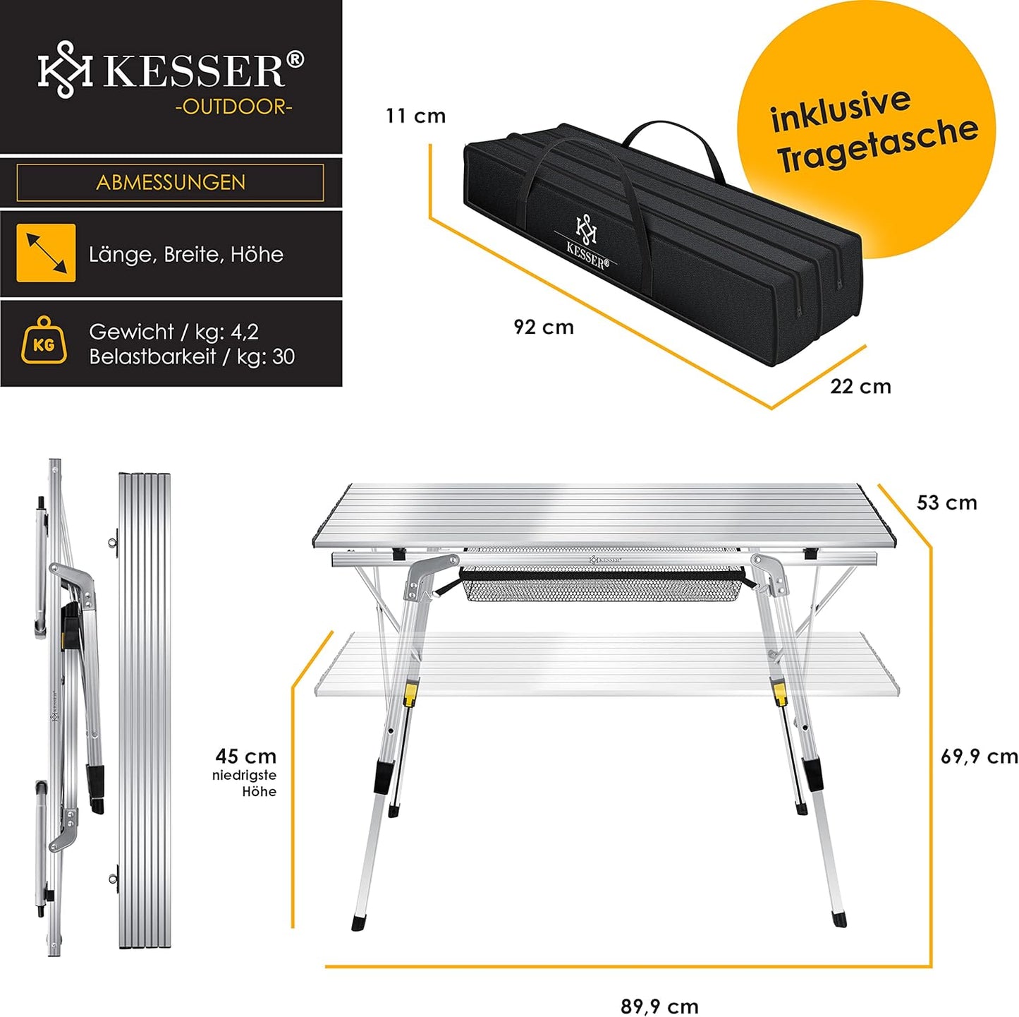Campingtisch, 90cm x 53cm Silber