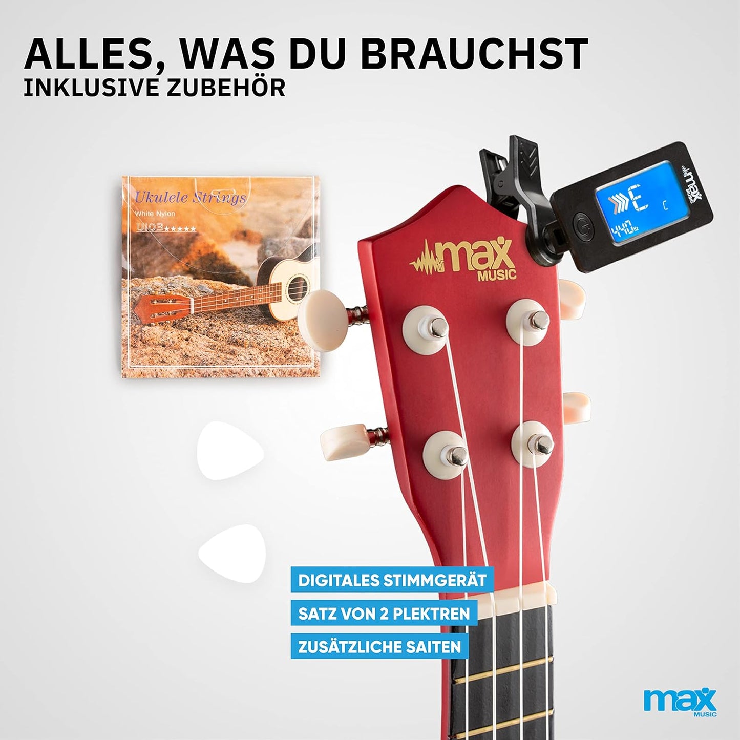 Ukulele-Komplett-Set mit Zubehör für Anfänger, Naturell
