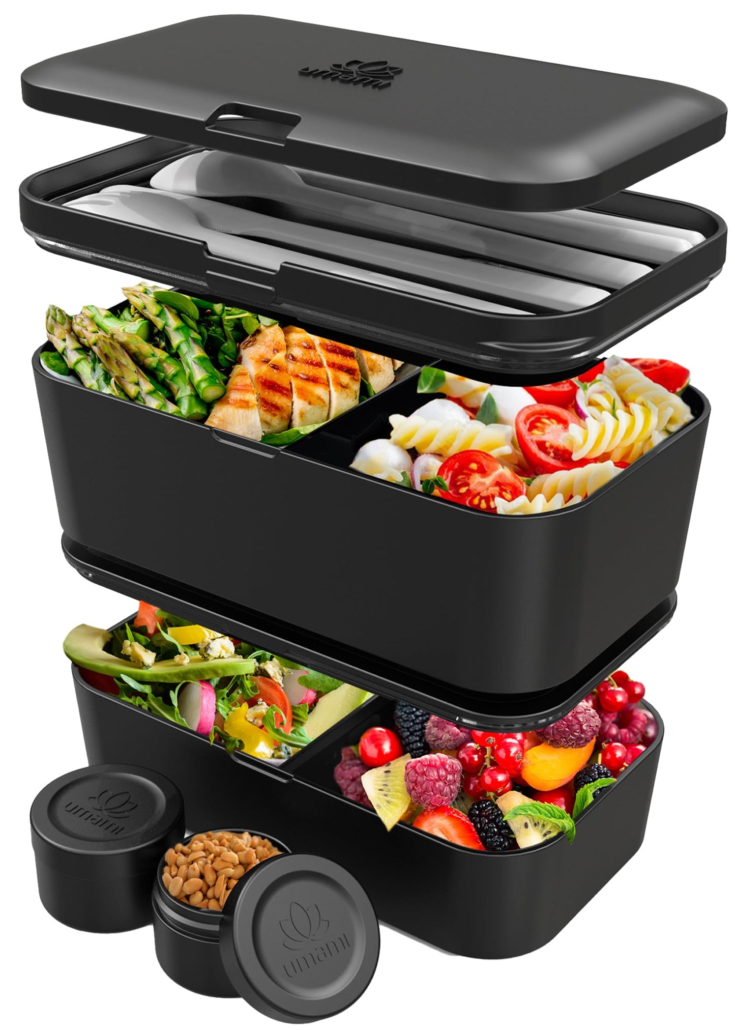 Bento Lunchbox mit Besteck & Fächern, Schwarzer Onyx L - 1500 ml