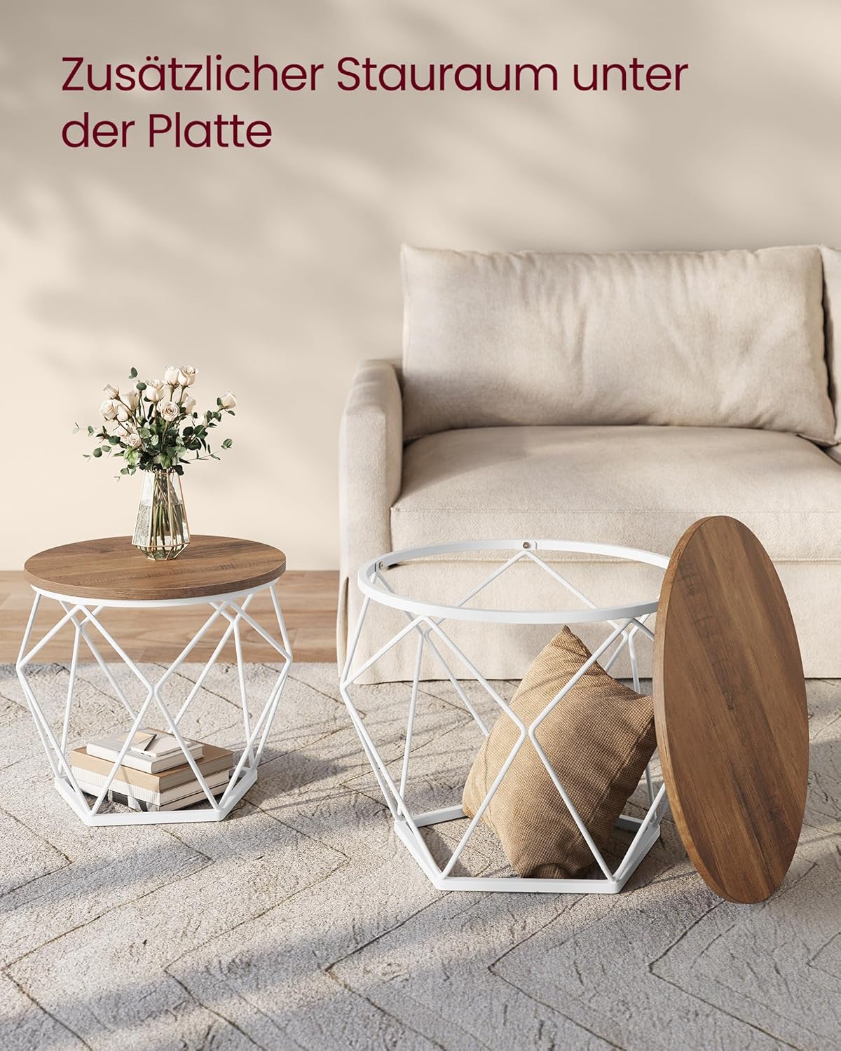 Runder Couchtisch-Set mit abnehmbarer Platte (2-teilig), (50d x 40H) cm+(40d x 36H) cm Honigbraun + Wolkenweiss