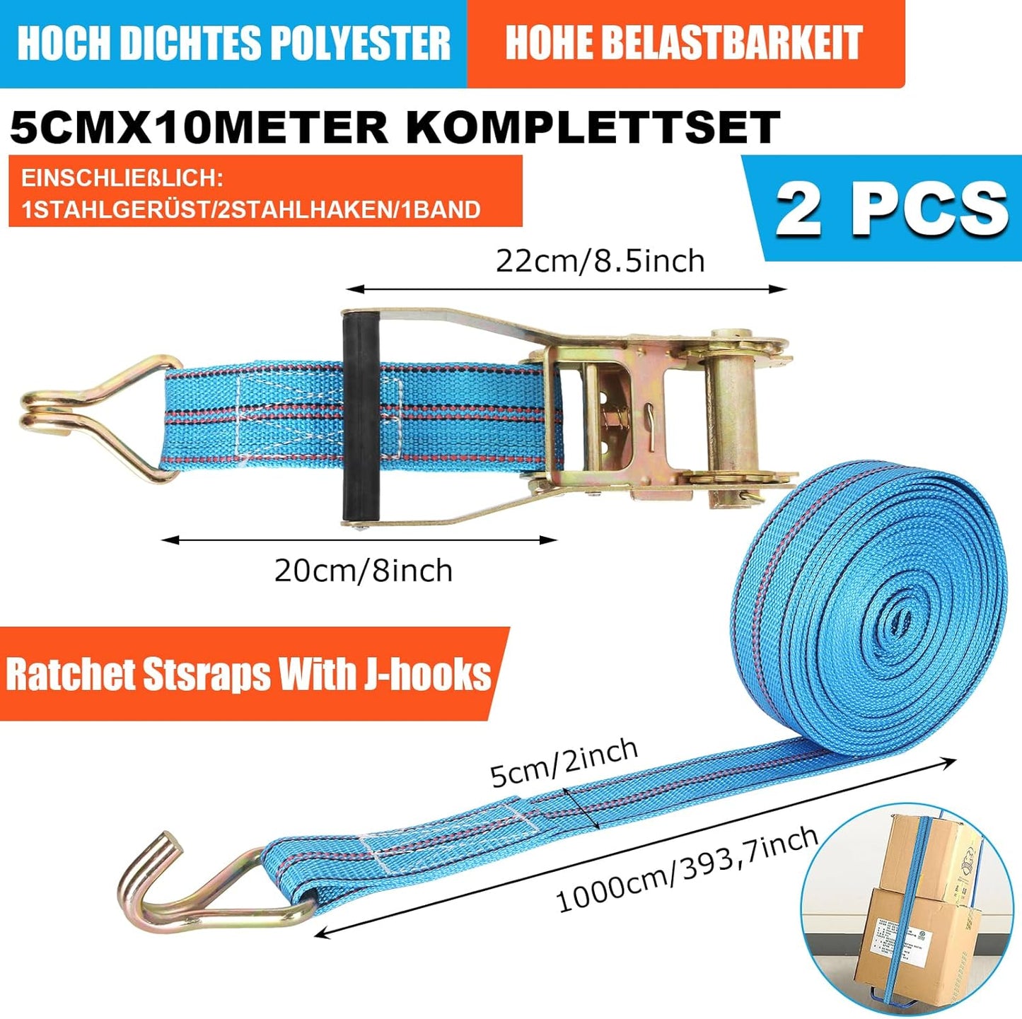 Ratschengurte mit Haken 2 Stück, 10m, hohe Sichtbarkeit