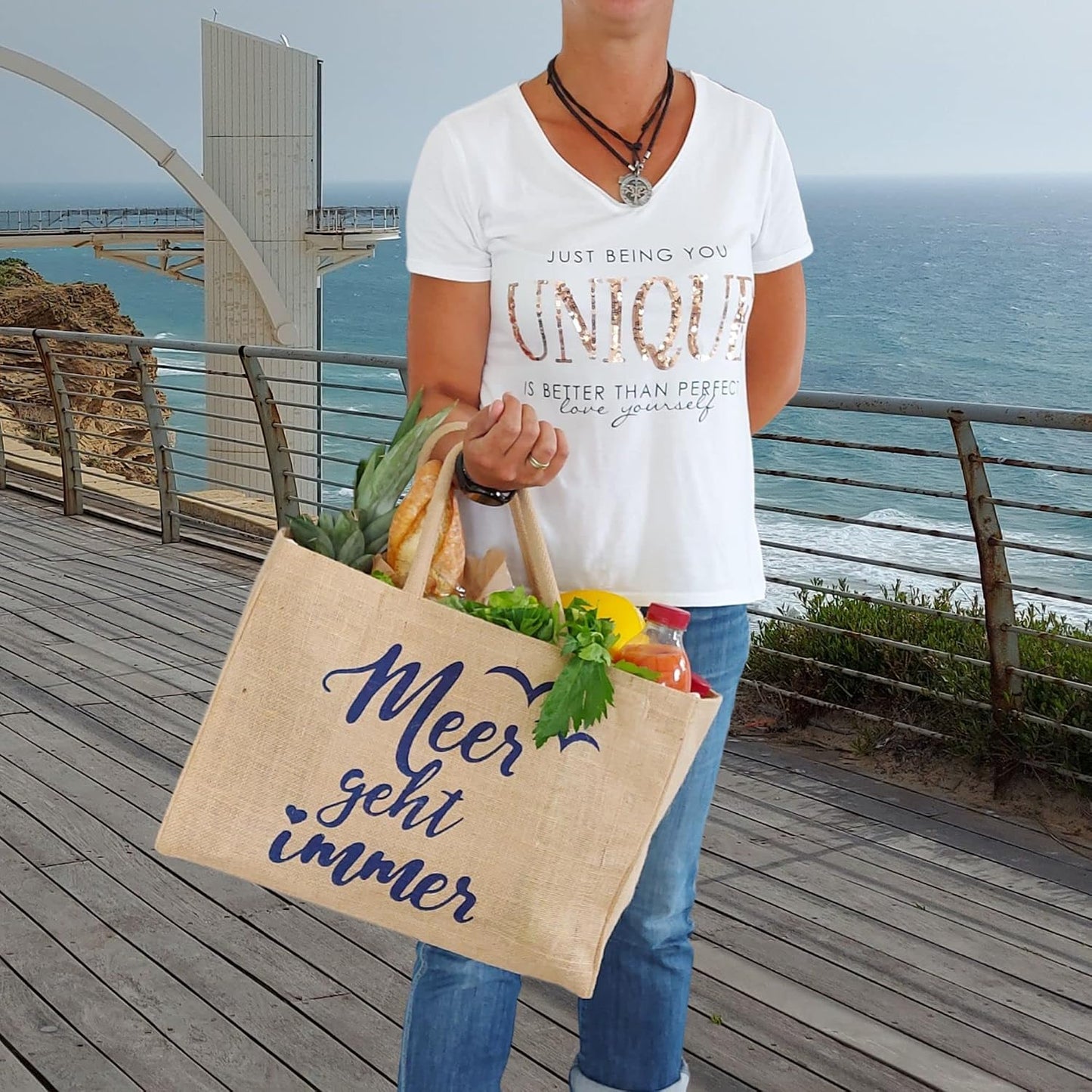 Vegane Jutetasche Shopper 24L mit Reissverschlussfach, Meer Geht Immer