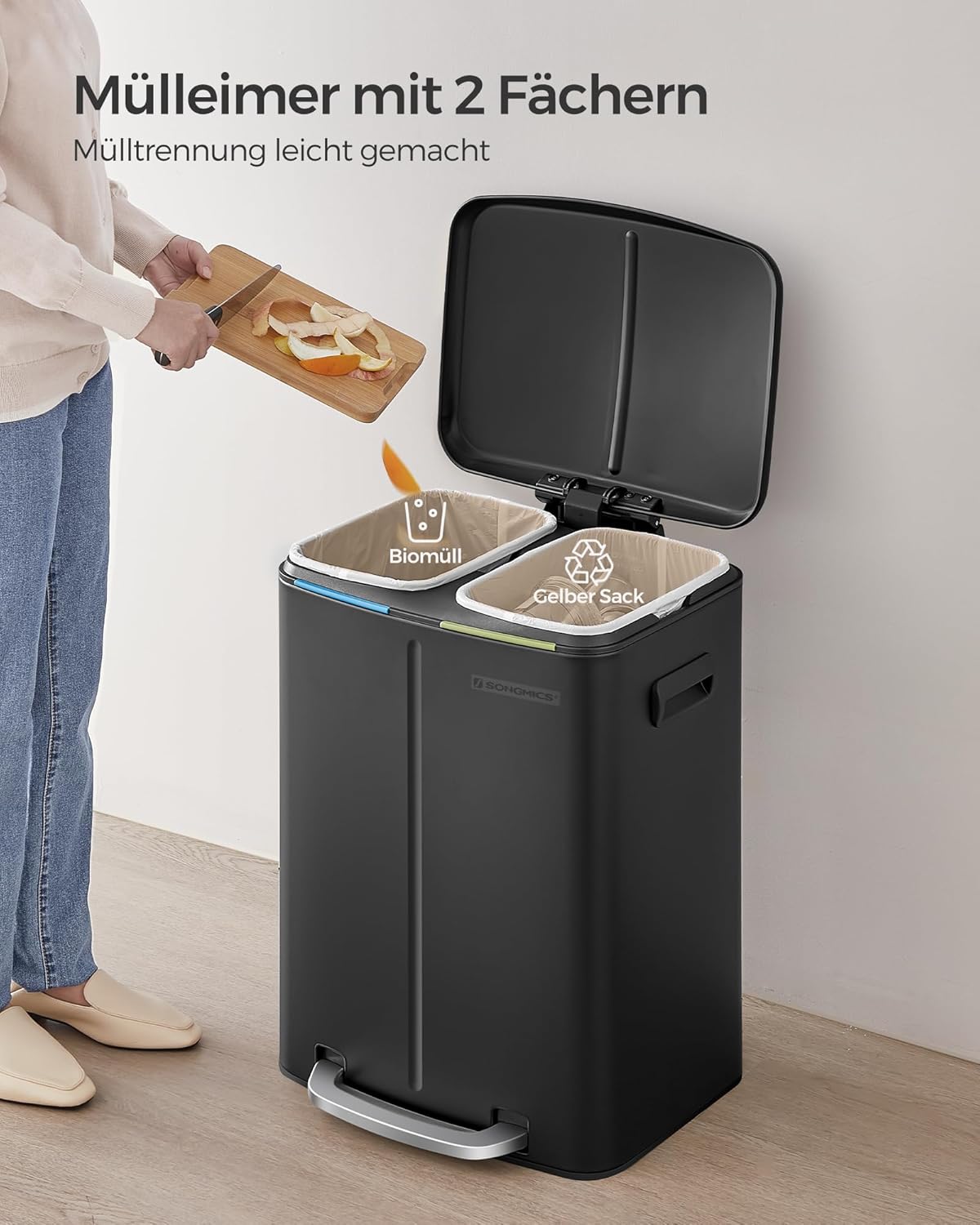 Treteimer mit Mülltrennsystem, Schwarz