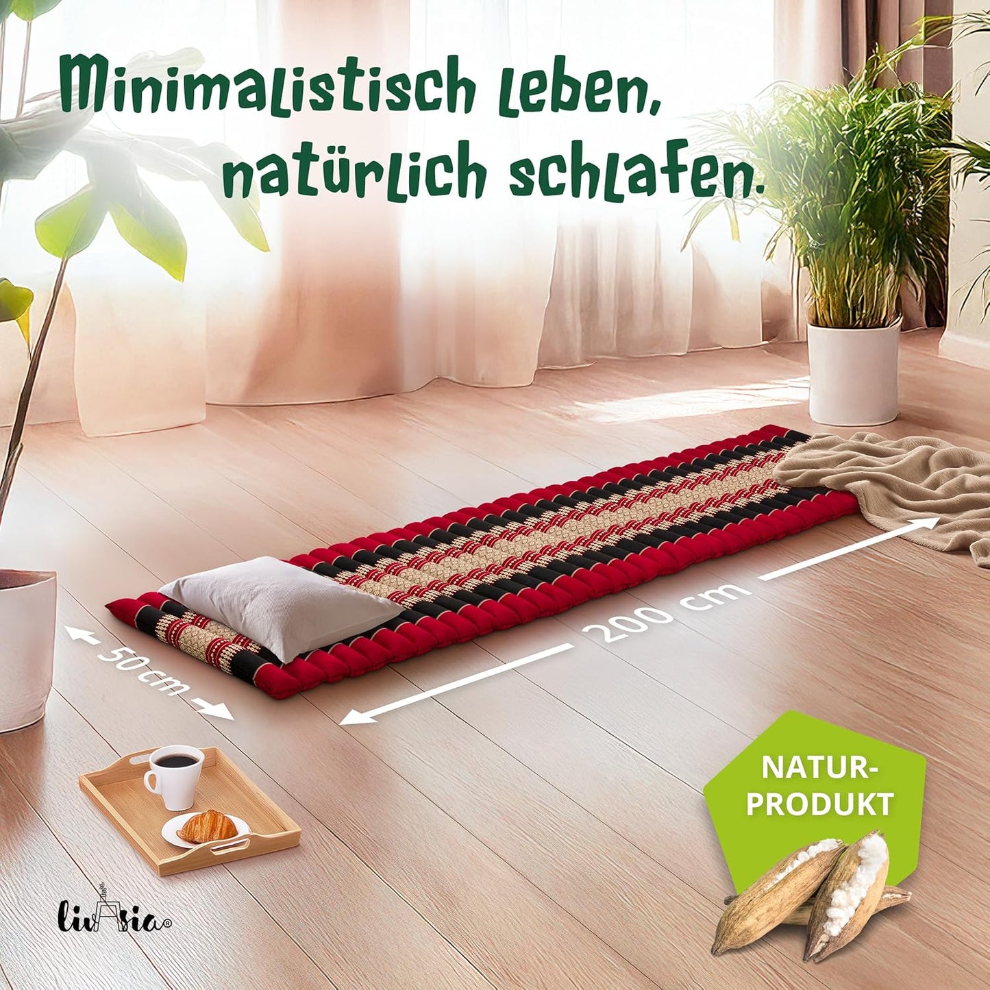 Rollmatratze Gästebett Thaimatte (1 Person), S (200 x 50 cm) Rot/Schwarz