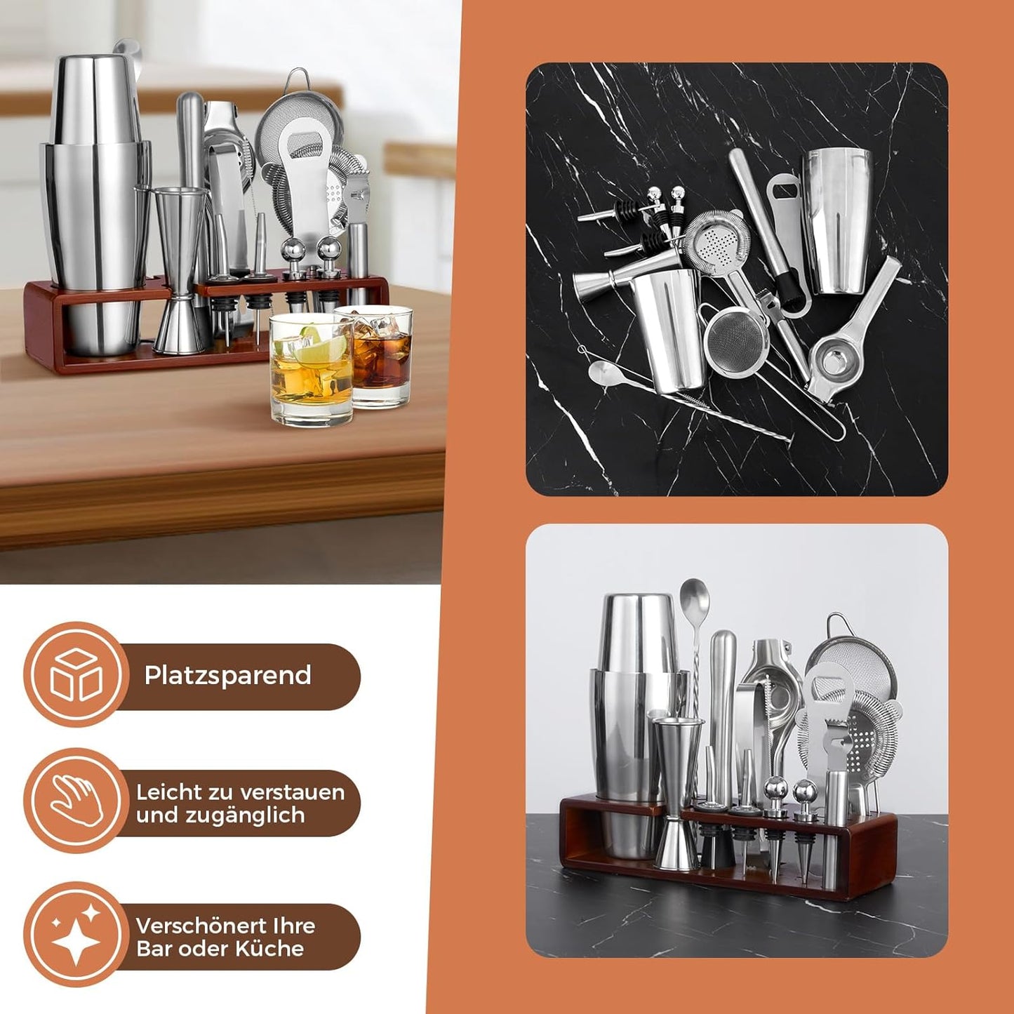 Cocktail Shaker Set mit Rezeptbuch und Ständer, Mit Gestell