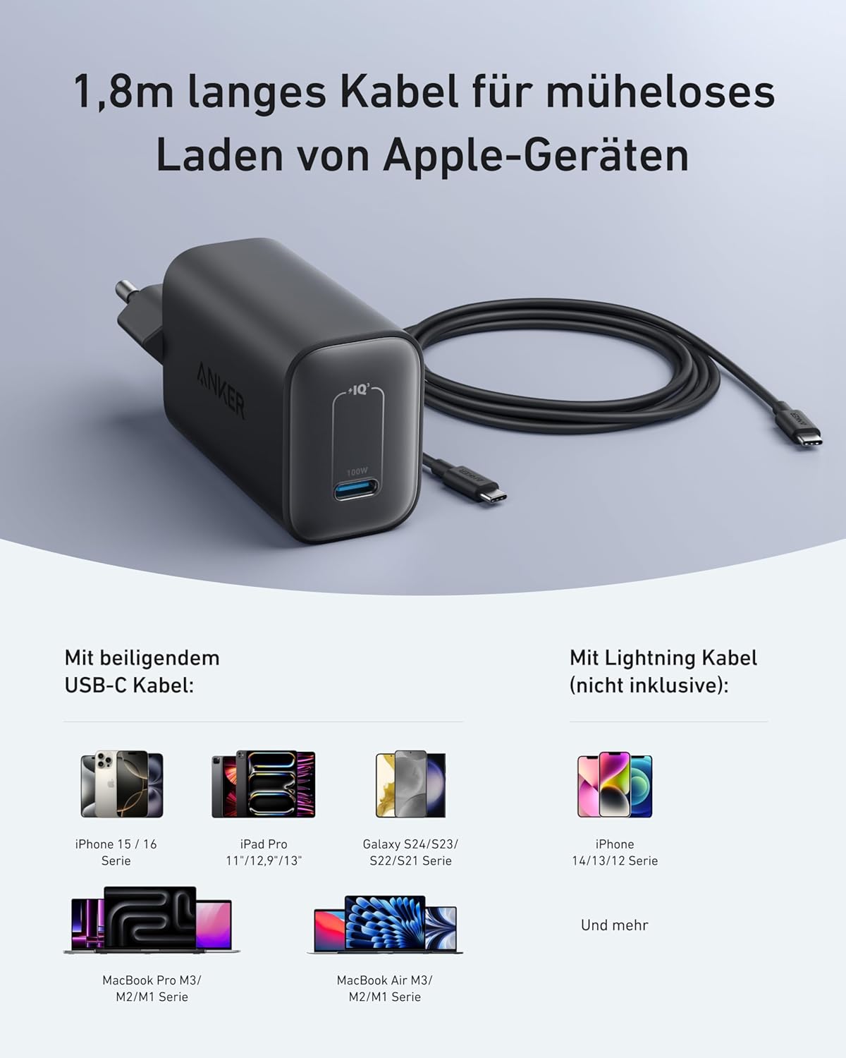Nano USB-C Ladegerät mit 1,8m Kabel, Schwarz