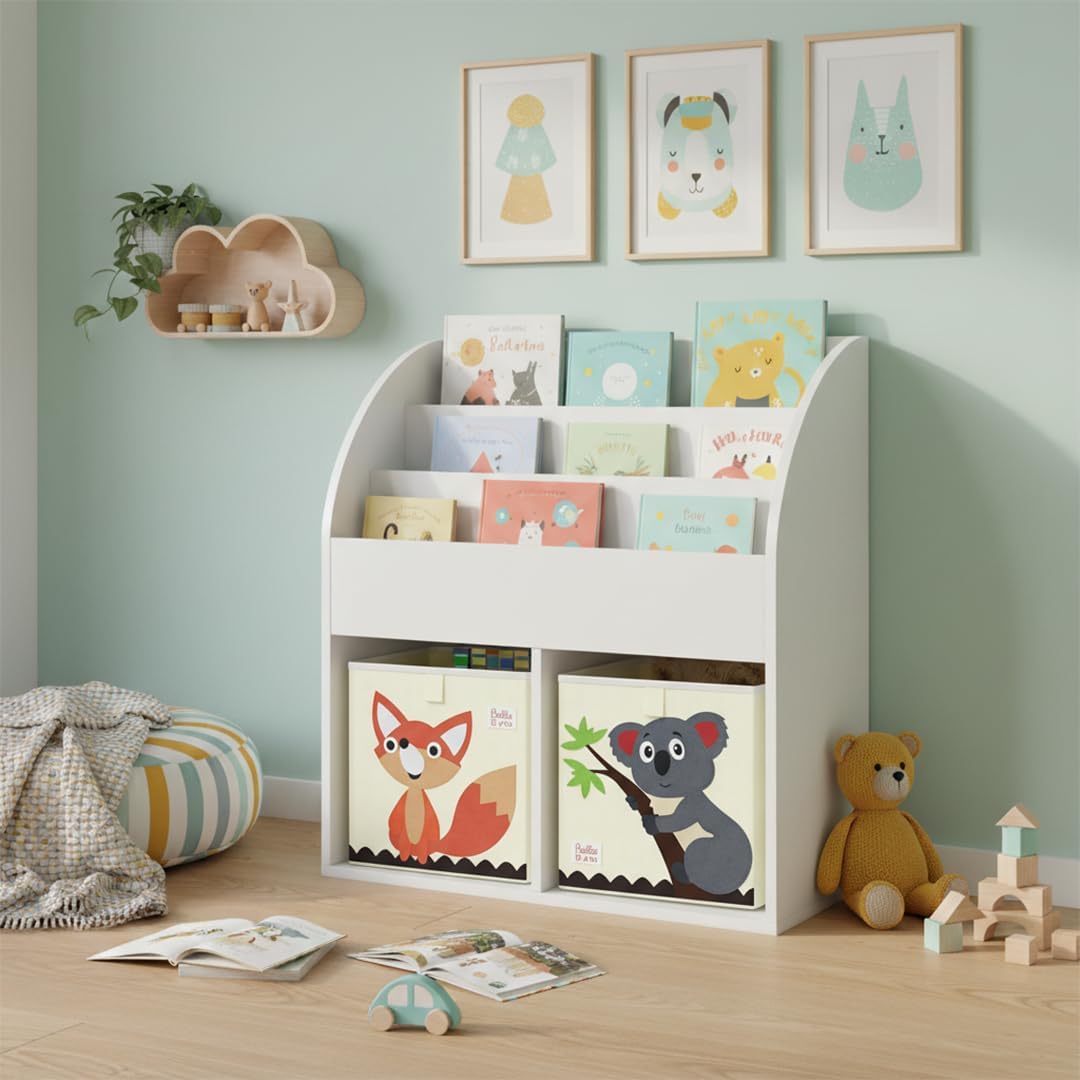Koro Bücherregal Kinderzimmer mit 3 Fächern, 2 Faltboxen Koala/Fuchs Weiss, 2 Fächer