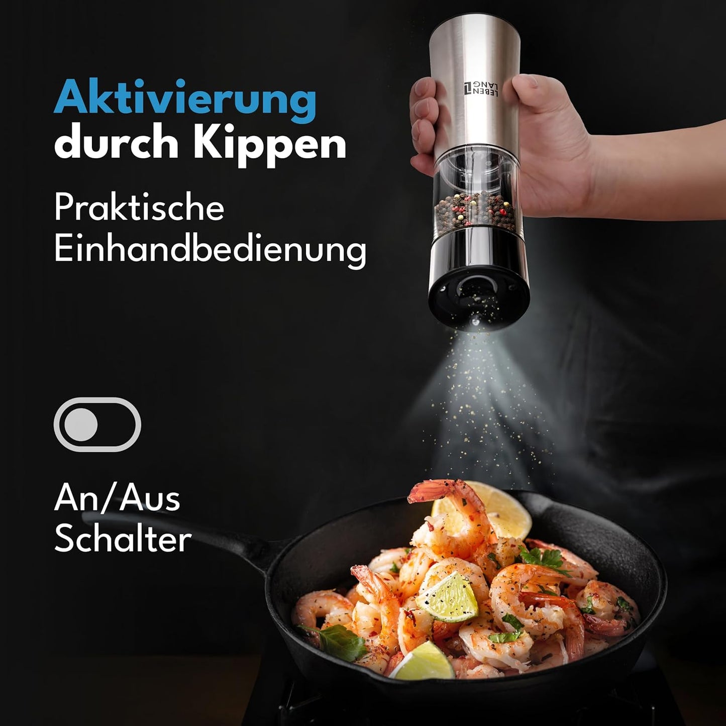 Elektrisches Salz- und Pfeffermühlen-Set mit Kipp-Sensor, Schwarz / Silber - Salz und Pfeffermühle Elektrisch Set