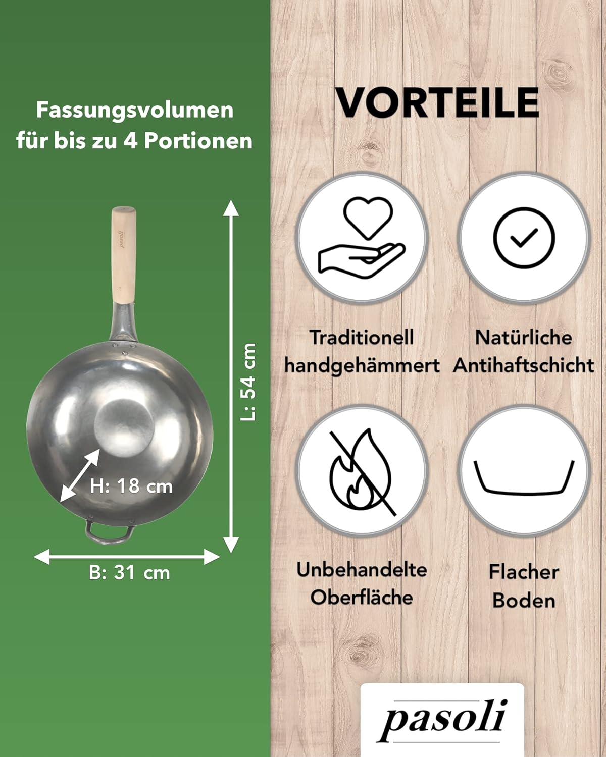 Handgehämmerter Wok, induktionsgeeignet, silber, 30 cm