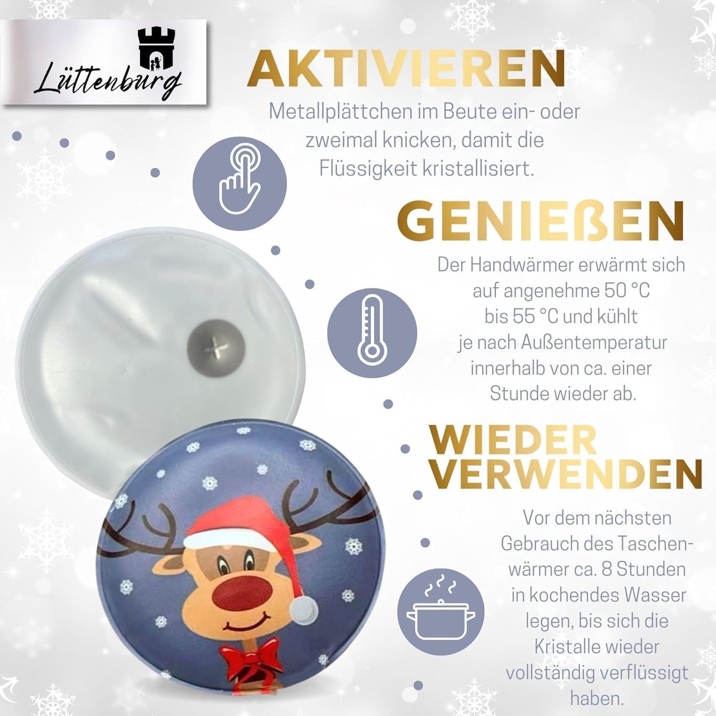 12er-Set Taschenwärmer Rentier Rudolph, 12er Spar Set rund