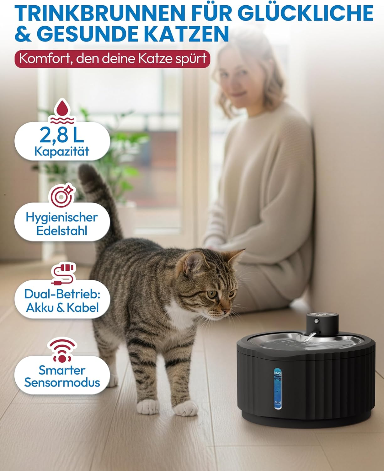 Kabelloser Katzenbrunnen mit Bewegungsmelder, Schwarz