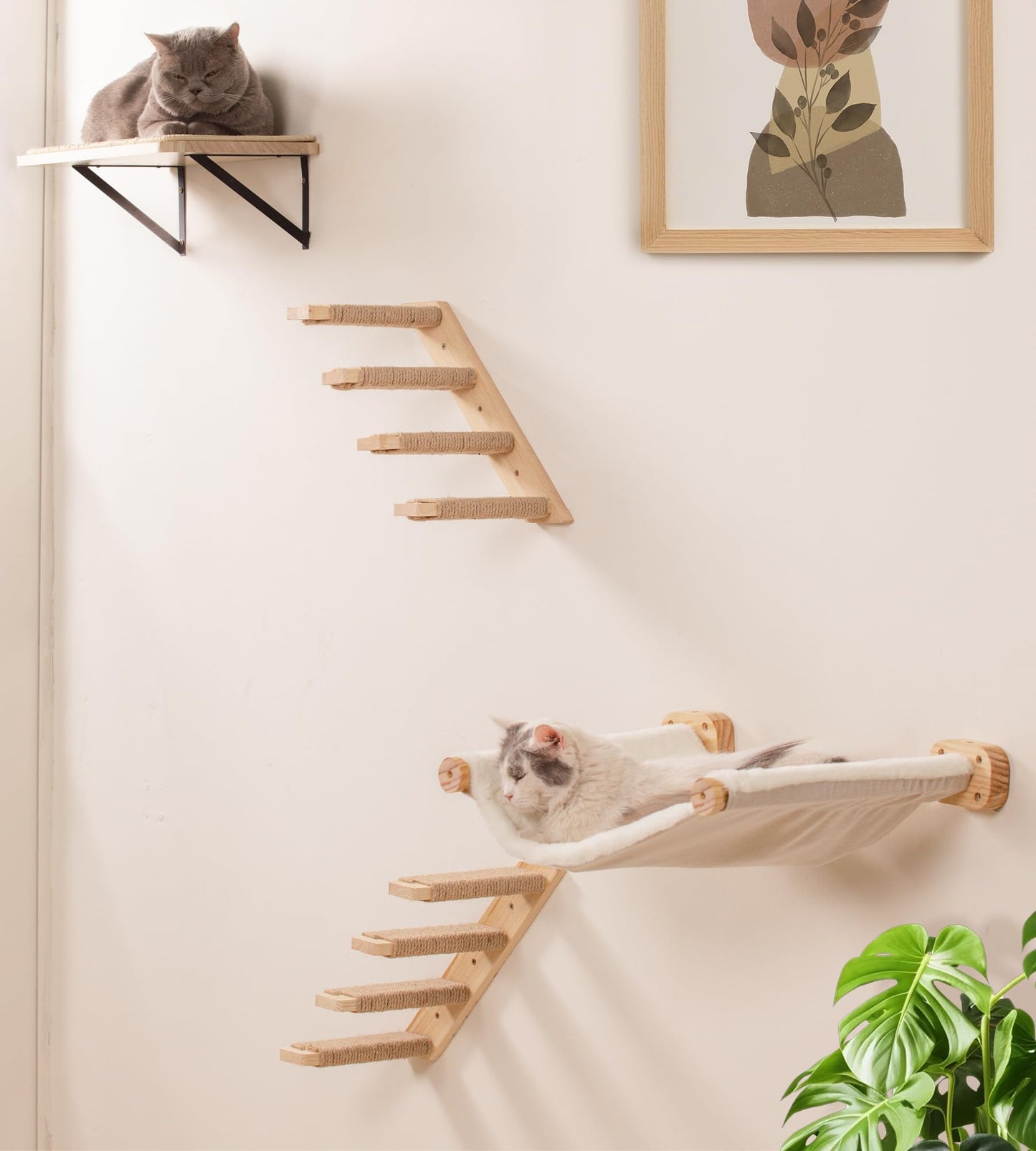 4-teiliges Kletterwand-Set für Katzen, 1PC Hängematte+1PC Wandregal Katzen+2PC Stufen