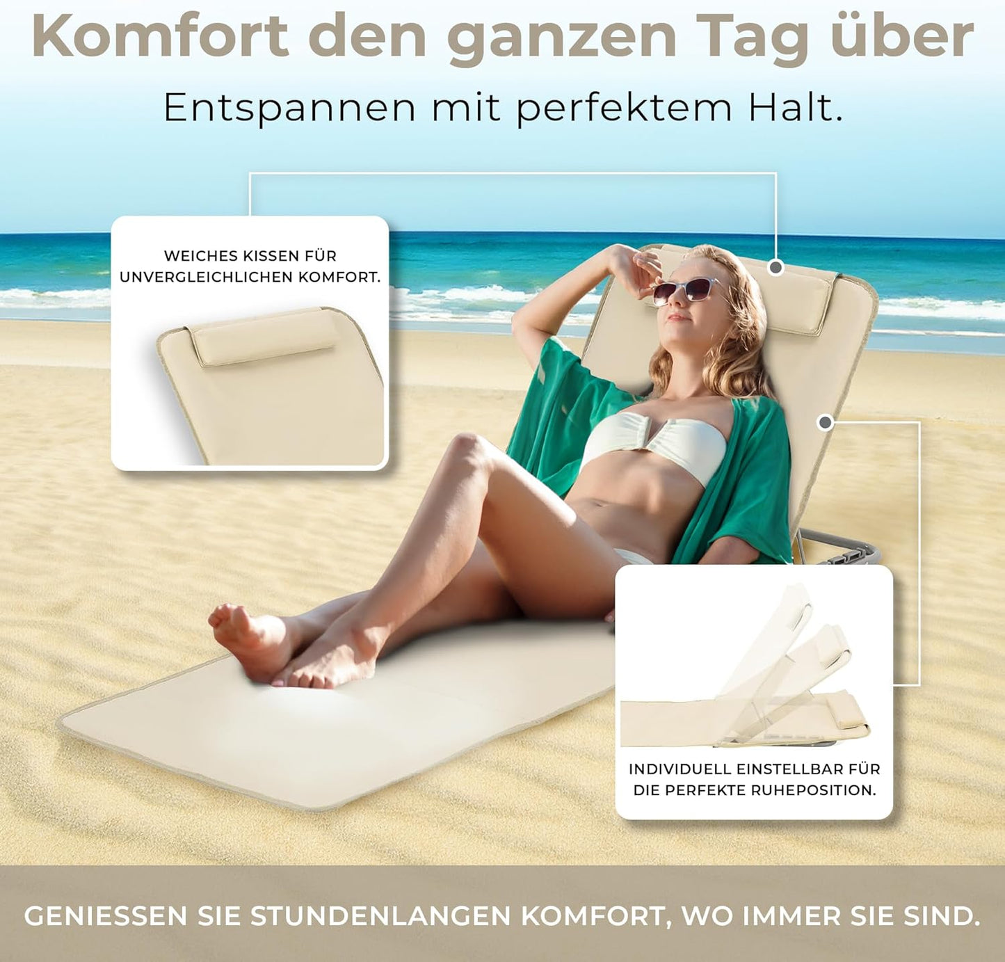 Strandmatte 2er-Set mit Verstellbarer Rückenlehne, Beige