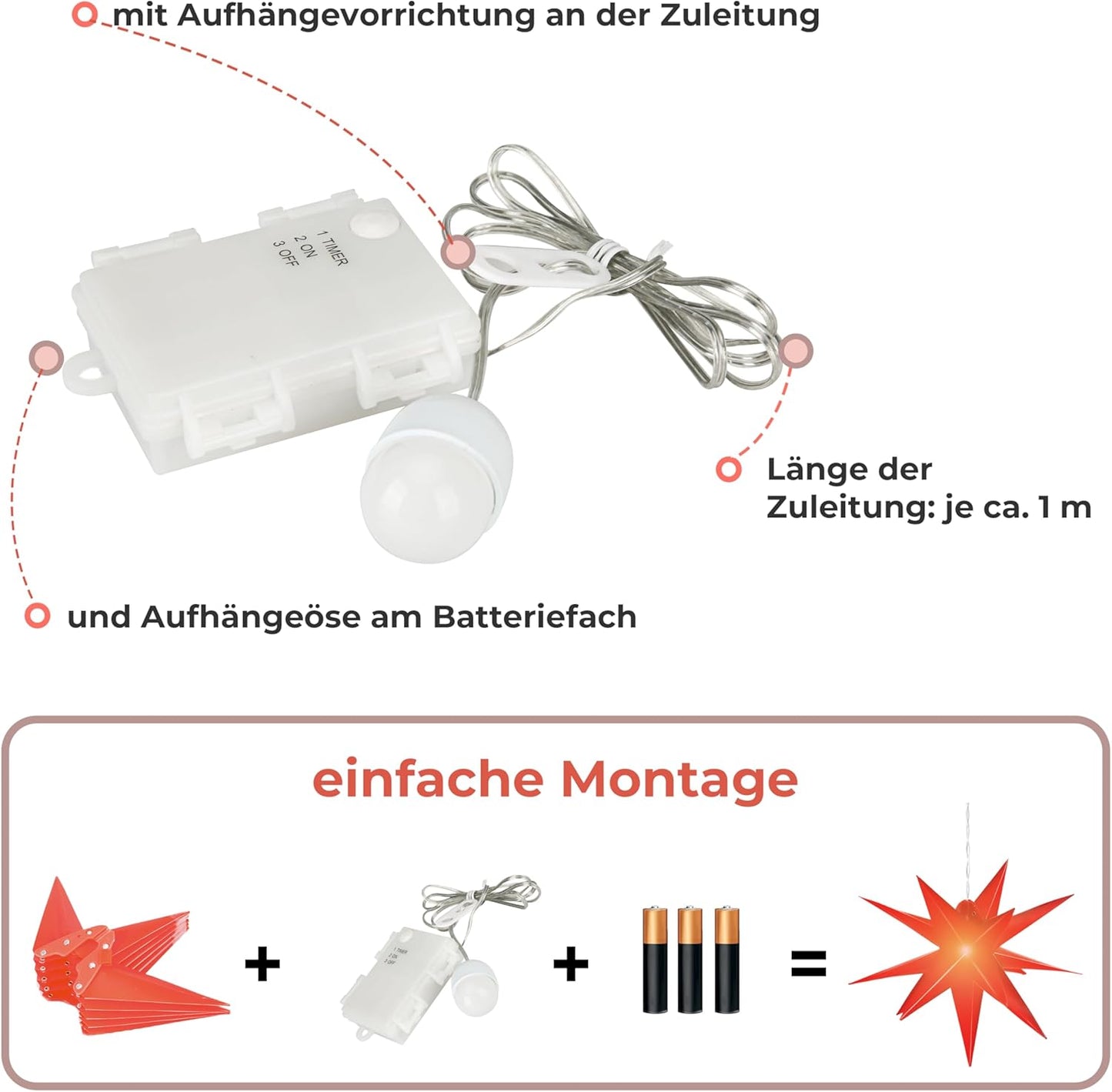 3D Leuchtstern-Set mit LED-Beleuchtung, 3-teilig, Rot