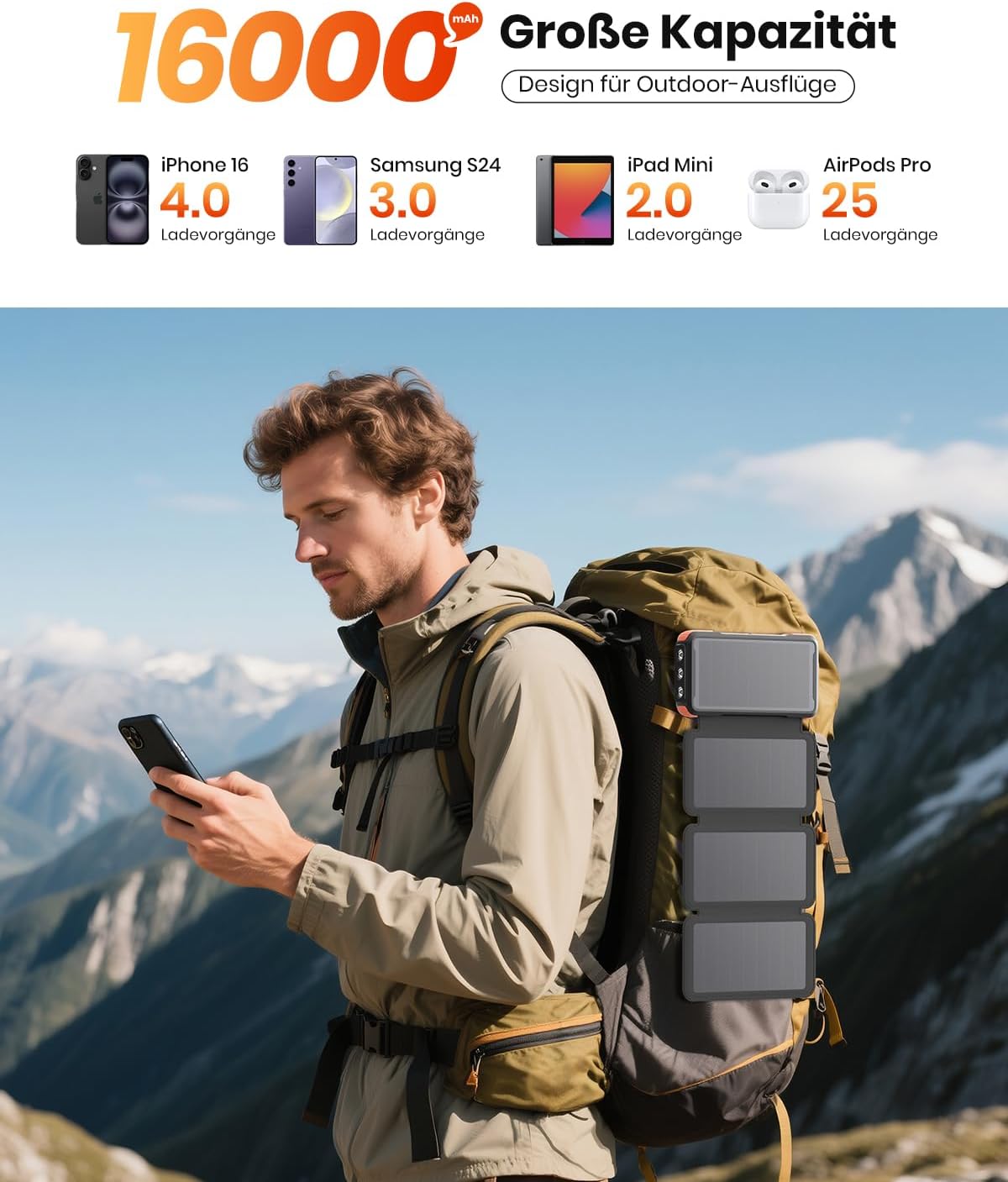 Solar PowerBank Wireless mit Schnellladefunktion, Orange