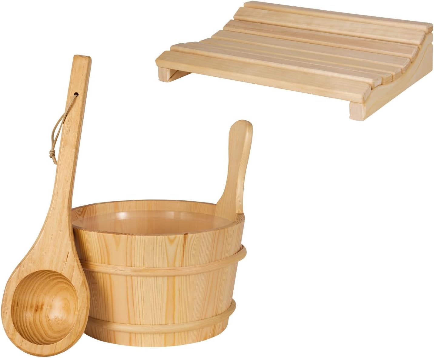 3-teiliges Saunazubehör-Set, Eimer + Kelle + Kopfstütze natur
