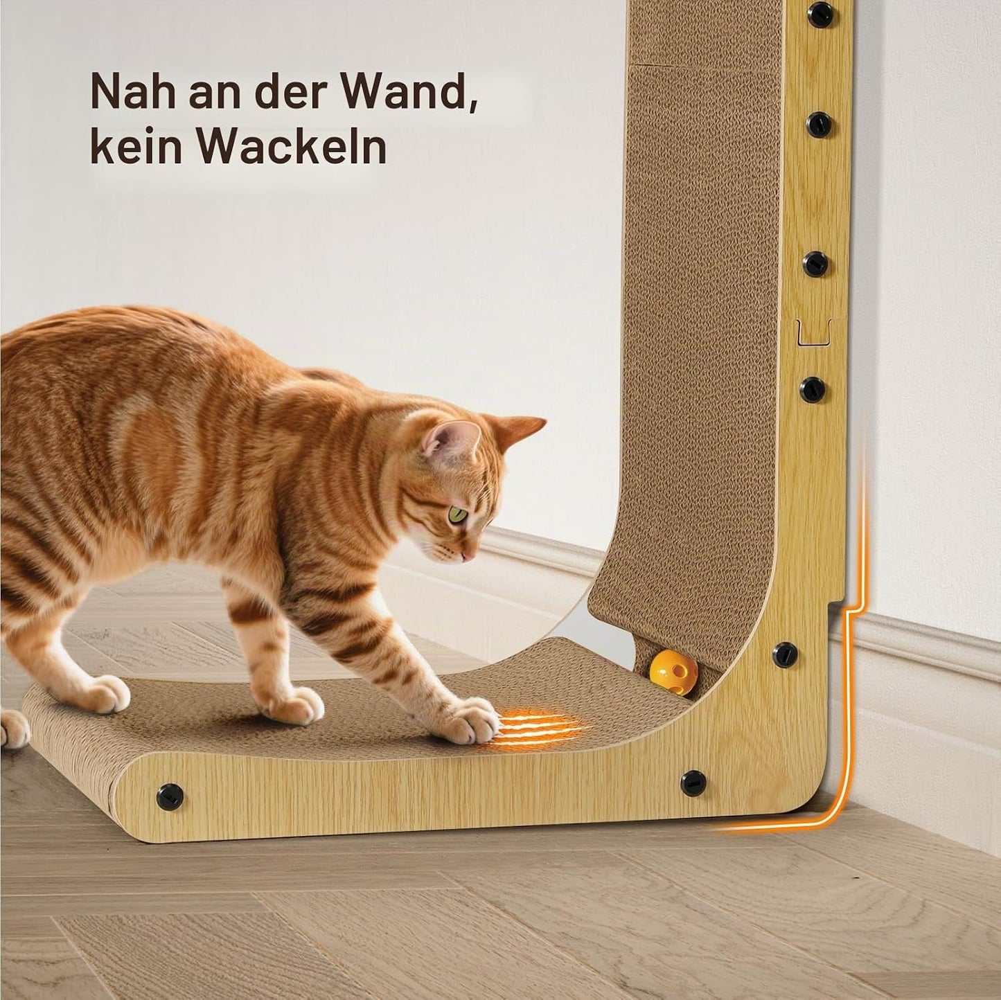 L-förmiges Katzenkratzbrett mit Ball und Glocke, Holz + Glocke 68cm