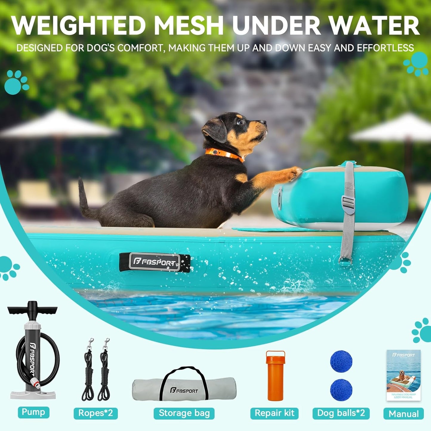 Aufblasbare Wasserrampe für Hunde, Seeblau Beige